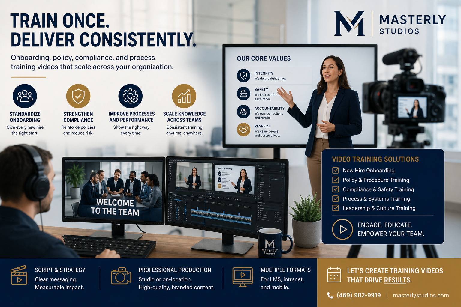Employees participating in onboarding video production training created by Masterly Studios.