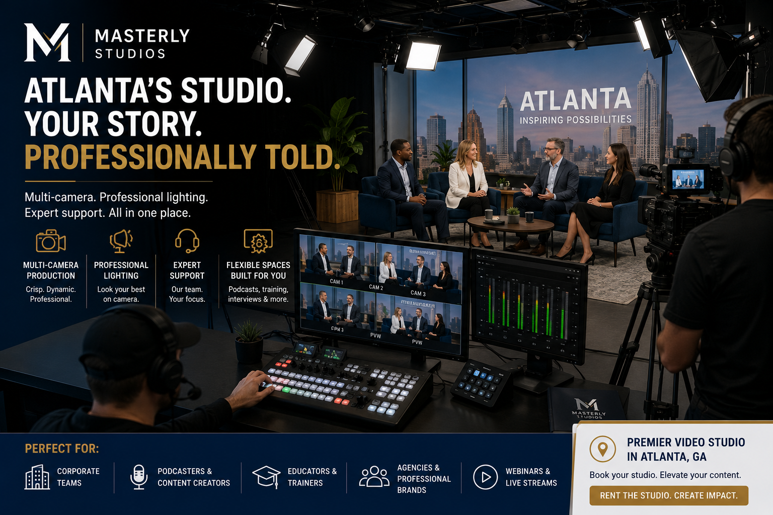 Professional video studio rental Atlanta for corporate videos, podcasts, interviews, and multi-camera productions at Masterly Studios.