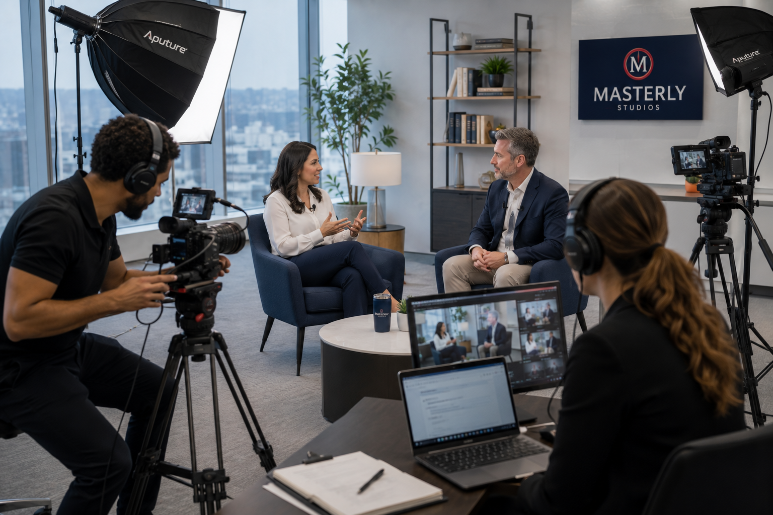 Professional customer testimonial video production featuring a client interview in a modern business setting.