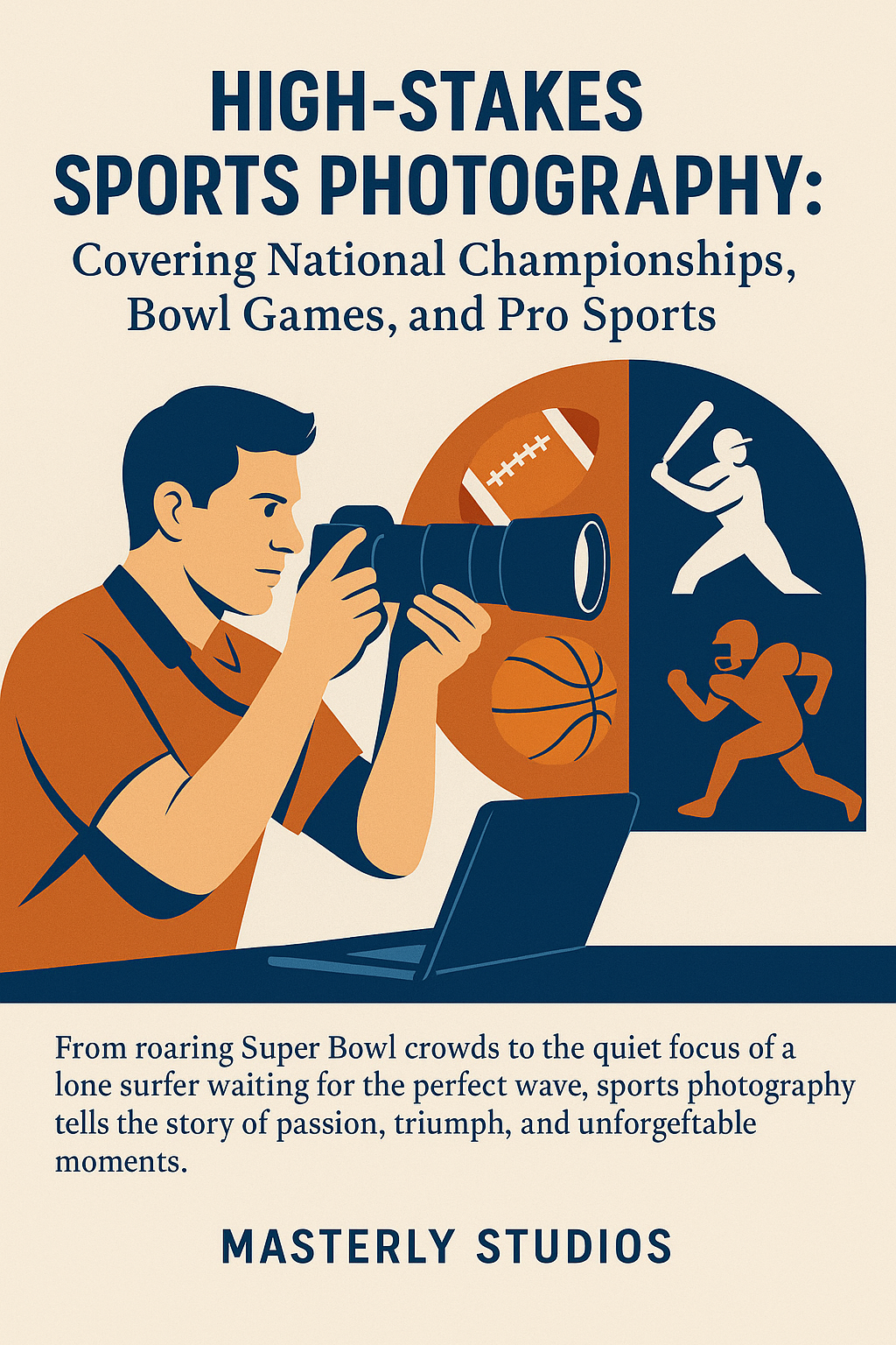 Vintage sports photography ad with photographer, football, baseball, and basketball action scenes in blue and orange.