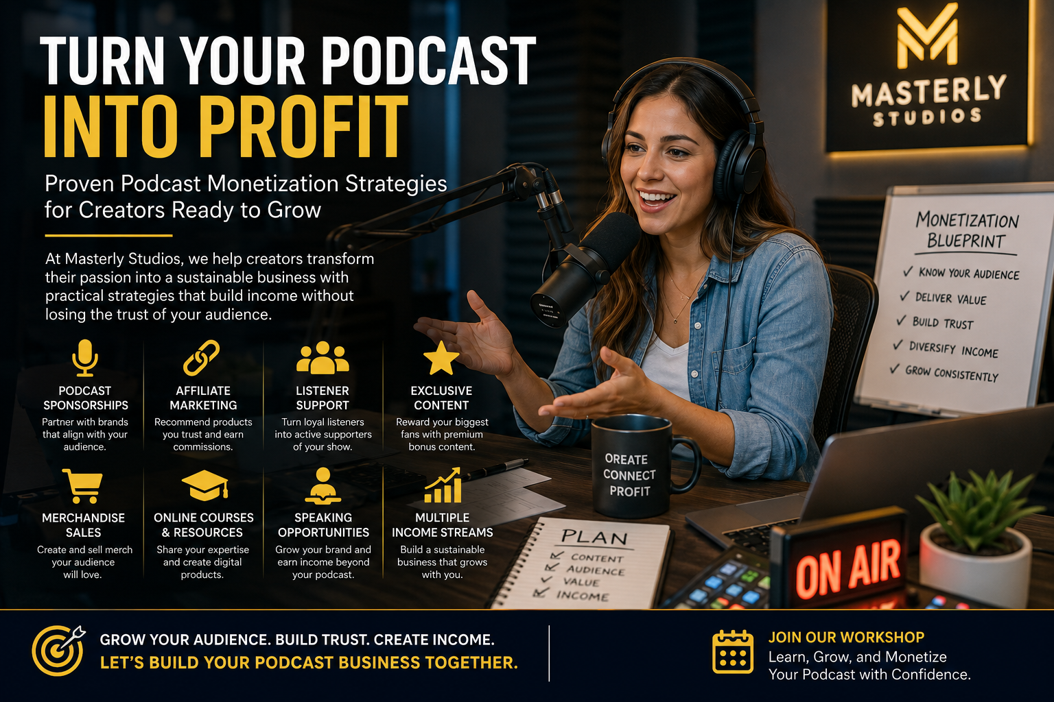 Professional podcast recording studio featuring a creator speaking into a microphone with podcast monetization graphics highlighting sponsorships, affiliate marketing, memberships, merchandise, online courses, and audience growth strategies.