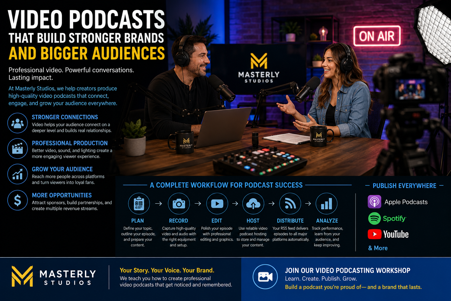 The way people consume content has changed dramatically over the last few years. While traditional podcast formats continue to attract loyal listeners, more creators are discovering that adding video creates a stronger connection with their audience. People enjoy seeing facial expressions, guest interactions, and behind-the-scenes moments that simply cannot be experienced through audio alone. At Masterly Studios, we help creators produce professional video podcasts that strengthen their brands, increase visibility, and position them for long-term success.
Creating a successful podcast today involves much more than pressing the record button. It requires thoughtful planning, reliable equipment, quality recording, effective editing, and a smart publishing strategy that reaches viewers wherever they prefer to watch or listen. Whether you are starting your first show or improving an existing one, learning the right techniques can make every episode more valuable.
Professional video podcasts also allow your personality to become part of your message. Viewers respond to authentic conversations, confident presentation, and consistent production quality. When every video reflects your expertise and professionalism, your brand becomes more memorable and more likely to attract future opportunities.
At Masterly Studios, our Video Podcasting Workshop teaches creators how to build a complete production workflow from planning and recording through publishing and promotion. Instead of guessing what equipment or software to use, you'll gain practical knowledge that helps your show grow with confidence.
Video Podcasts Create Stronger Audience Connections
People naturally connect with visual communication. Adding video to your podcast helps viewers understand your personality while creating a more engaging experience than audio alone. Facial expressions, body language, and natural interaction all contribute to building stronger relationships with your audience.
Professional video podcasts also create opportunities for viewers to watch interviews, demonstrations, product discussions, and educational presentations in ways that traditional audio cannot provide. These visual elements increase engagement while helping your content stand out across multiple channels.
As competition continues growing, creators who invest in quality production place themselves in a stronger position to stay ahead of others in their industry. Professional presentation communicates credibility before your audience even hears the first conversation.
Planning Leads to Better Video Production
Every successful project begins with a thoughtful plan. Rather than deciding everything moments before filming, experienced creators organize topics, guest discussions, equipment needs, and publishing schedules in advance. This preparation creates smoother recording sessions while reducing unnecessary delays.
A production plan also helps your team remain organized throughout every phase of the process. Cameras, microphones, lighting, graphics, and editing responsibilities become easier to manage when everyone understands the overall objective. Organized production creates better results while reducing stress.
Planning also makes future growth easier. Once a reliable workflow has been established, your podcast becomes much more consistent from one episode to the next.
Every Recording Session Has a Purpose
Every recording should accomplish more than producing a single episode. Professional creators think about promotional clips, social media content, blog articles, newsletters, and future marketing opportunities before filming begins. This approach allows one production day to support several weeks of communication.
During each session, our instructors demonstrate how thoughtful preparation leads to more efficient production. Rather than creating content without direction, every conversation is designed to support your long-term goals. This organized workflow saves time while producing higher-quality results.
Proper preparation also helps reduce technical mistakes, allowing creators to focus on meaningful conversations instead of constantly troubleshooting equipment.
Choosing the Right Video Podcast Hosting Platform
Selecting reliable video podcast hosting is one of the most important decisions a creator will make. Your hosting provider becomes the foundation for publishing, distribution, storage, and audience growth. Choosing the wrong solution can limit future opportunities, while selecting the right platform supports expansion as your show grows.
Professional hosting services simplify publishing while providing valuable features that help creators manage every episode. Many platforms also include audience insights, file management, and tools for expanding your reach across multiple listening destinations.
As your show continues developing, dependable hosting ensures your content remains organized, accessible, and ready for future growth.
Understanding RSS Feed Distribution
Every successful podcast relies on an RSS feed that delivers new episodes to listening platforms automatically. This simple technology allows creators to publish once while reaching multiple services without manually uploading every episode to each destination.
A properly configured rss system saves valuable time while improving consistency. Instead of repeating the same tasks for every episode, creators can focus on producing quality content while their hosting provider handles distribution.
Understanding how your rss feed works also helps you troubleshoot issues more quickly. Knowing how information moves from your hosting account to public platforms gives you greater control over your publishing process.
Publish Once, Reach Multiple Destinations
Modern creators rarely rely on one platform alone. A professional publishing strategy allows you to publish your podcast across Apple Podcasts, Spotify, YouTube, and other platforms from a single source. This approach maximizes visibility while simplifying ongoing management.
Learning how to properly distribute your content helps your audience find new episodes wherever they prefer to consume media. Consistent publishing also strengthens your reputation while making it easier for new viewers and listeners to discover your work.
Professional workflows eliminate unnecessary duplication, giving creators more time to focus on producing valuable content instead of repeating technical tasks.
Apple Podcasts and Spotify Continue Leading Discovery
Millions of people discover new shows through Apple Podcasts and Spotify every day. These major services remain essential for creators looking to expand their audience while building long-term visibility. Understanding how each platform organizes content helps improve discoverability.
Optimizing titles, descriptions, artwork, and publishing schedules helps your show perform more effectively within both Apple and Spotify ecosystems. Small improvements often produce meaningful long-term results as your episode library grows.
Successful creators regularly monitor performance while adjusting their publishing strategy based on audience behavior. Continuous improvement keeps your podcast competitive in a rapidly changing marketplace.
YouTube Opens New Opportunities
Although many people think of YouTube primarily as a video-sharing website, it has become one of the most important platforms for video podcasts. Many viewers now discover new creators through recommended videos rather than traditional podcast directories.
Publishing full-length episodes on YouTube also creates opportunities for shorter promotional clips, interviews, and educational highlights. These additional assets help attract new viewers while increasing engagement across multiple channels.
Adding professional video allows creators to reach audiences who may never have discovered the podcast through traditional audio apps. Expanding into YouTube gives your content additional exposure while strengthening your overall brand.
Better Video Creates Better Viewer Experiences
Visual quality matters. Clear lighting, multiple camera angles, clean backgrounds, and professional editing all contribute to a stronger viewing experience. When people enjoy watching your content, they are more likely to return for future episodes and recommend your show to others.
Our workshop demonstrates practical techniques for improving every recording without making production unnecessarily complicated. Small improvements often have a significant impact on audience retention and overall engagement.
Professional presentation communicates credibility while making every conversation more enjoyable for viewers.
Analytics Help You Make Smarter Decisions
Successful creators don't rely on assumptions—they rely on analytics. Reviewing performance helps you understand which topics attract the most viewers, how long people stay engaged, and where improvements can be made.
Many modern hosting platforms include detailed analytics and reporting features that simplify performance tracking. These insights allow creators to adjust content strategies while making informed production decisions.
Using real audience data instead of guesswork helps your podcast continue growing in a meaningful direction.
Professional Tools Improve Production Quality
Great content deserves professional support. Today's creators have access to outstanding tools that simplify editing, scheduling, publishing, and media management. Choosing the right software helps reduce production time while improving consistency.
Our workshop introduces creators to practical production tools that improve workflow without overwhelming beginners. We also discuss emerging technologies that can streamline editing while maintaining creative control over the finished product.
Learning the right systems early helps creators avoid costly mistakes while building a production process that supports future growth.