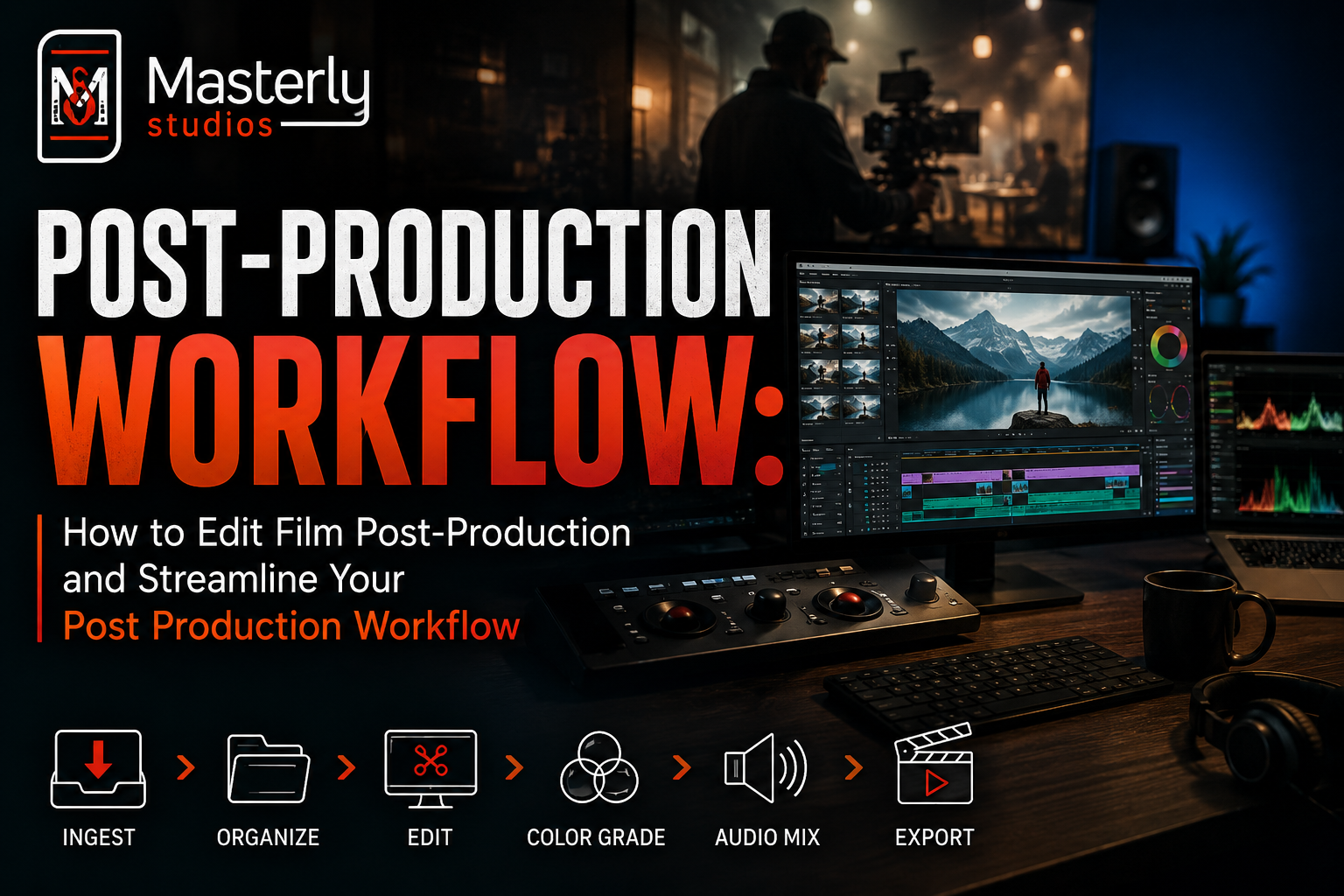 Masterly Audios post-production workflow guide with editing desk, monitor, and camera gear.