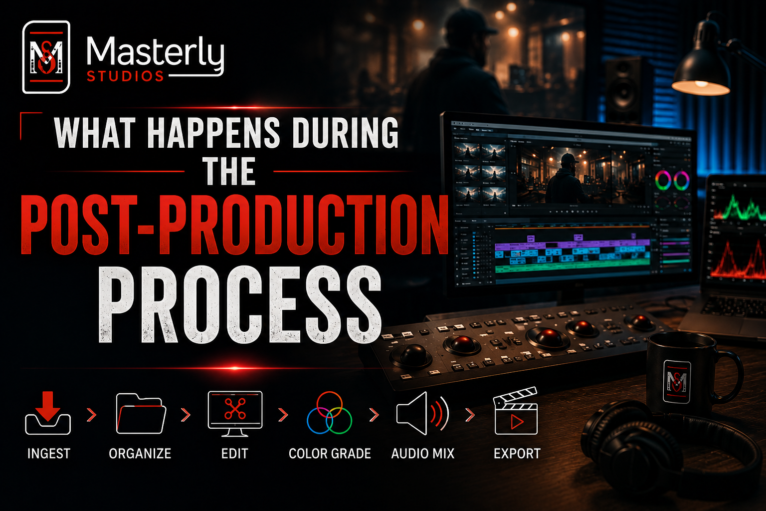 Masterly Studios post-production graphic with editing timeline, workstation, and bold text on a dark background
