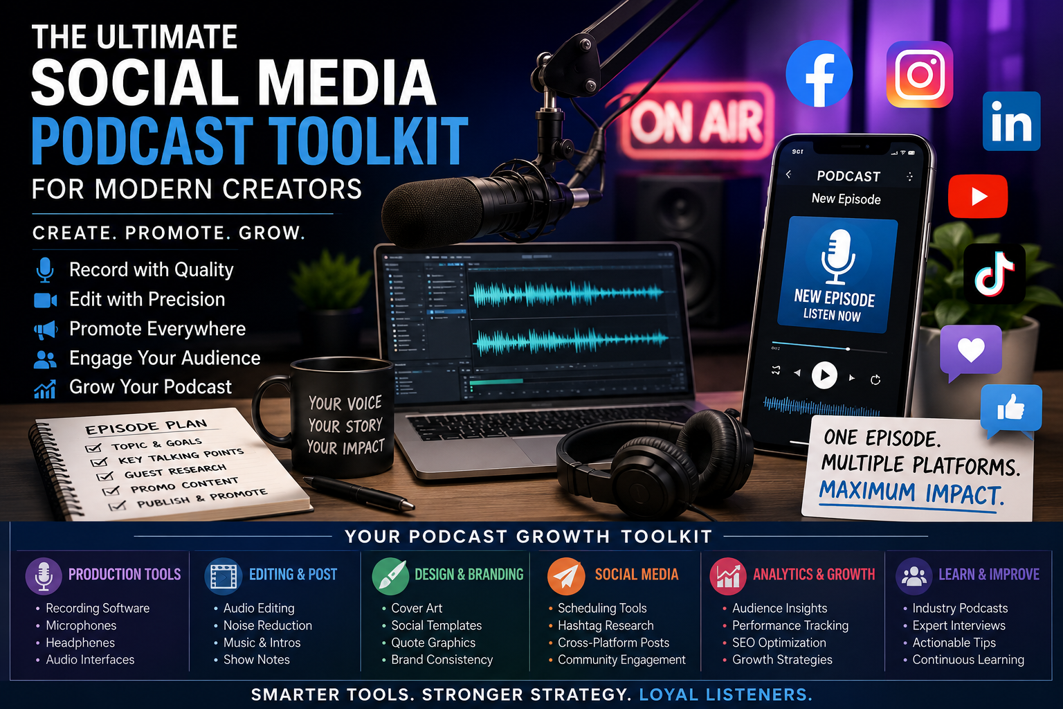Professional podcast studio with microphone, audio editing workstation, and social media marketing tools illustrating a complete podcast toolkit for modern content creators.