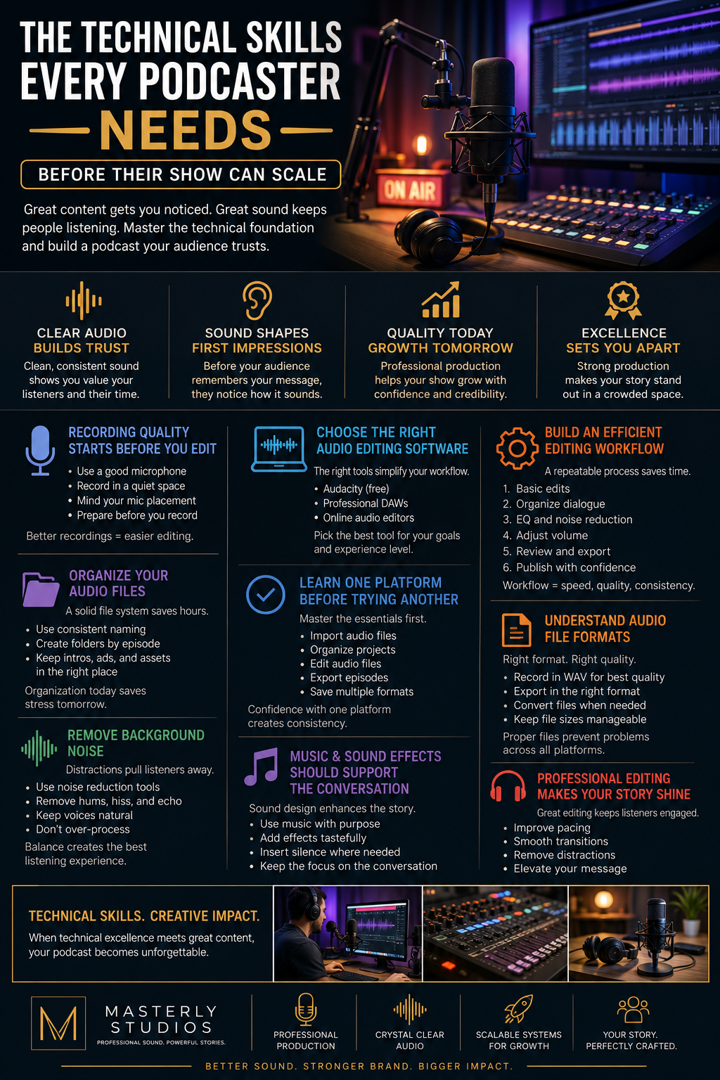 Infographic highlighting essential podcast production skills, featuring a professional recording studio with a microphone, audio editing software, mixing console, and workflow tips for creating high-quality podcasts with clear, consistent sound.