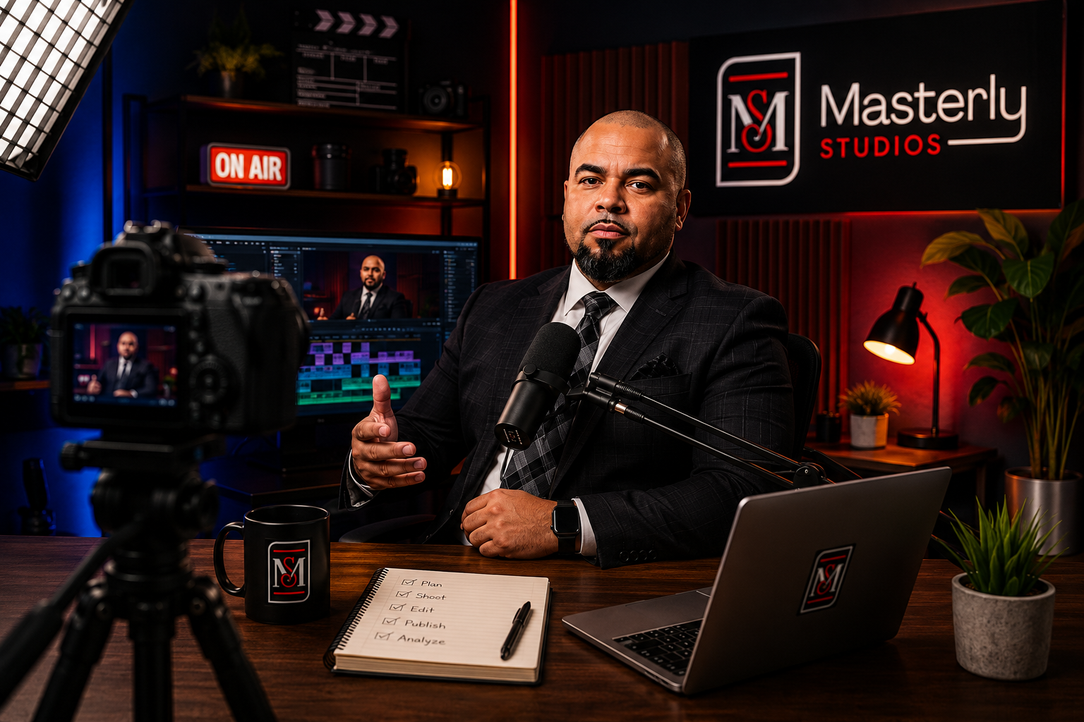 podcast set up, businessman , masterly studios