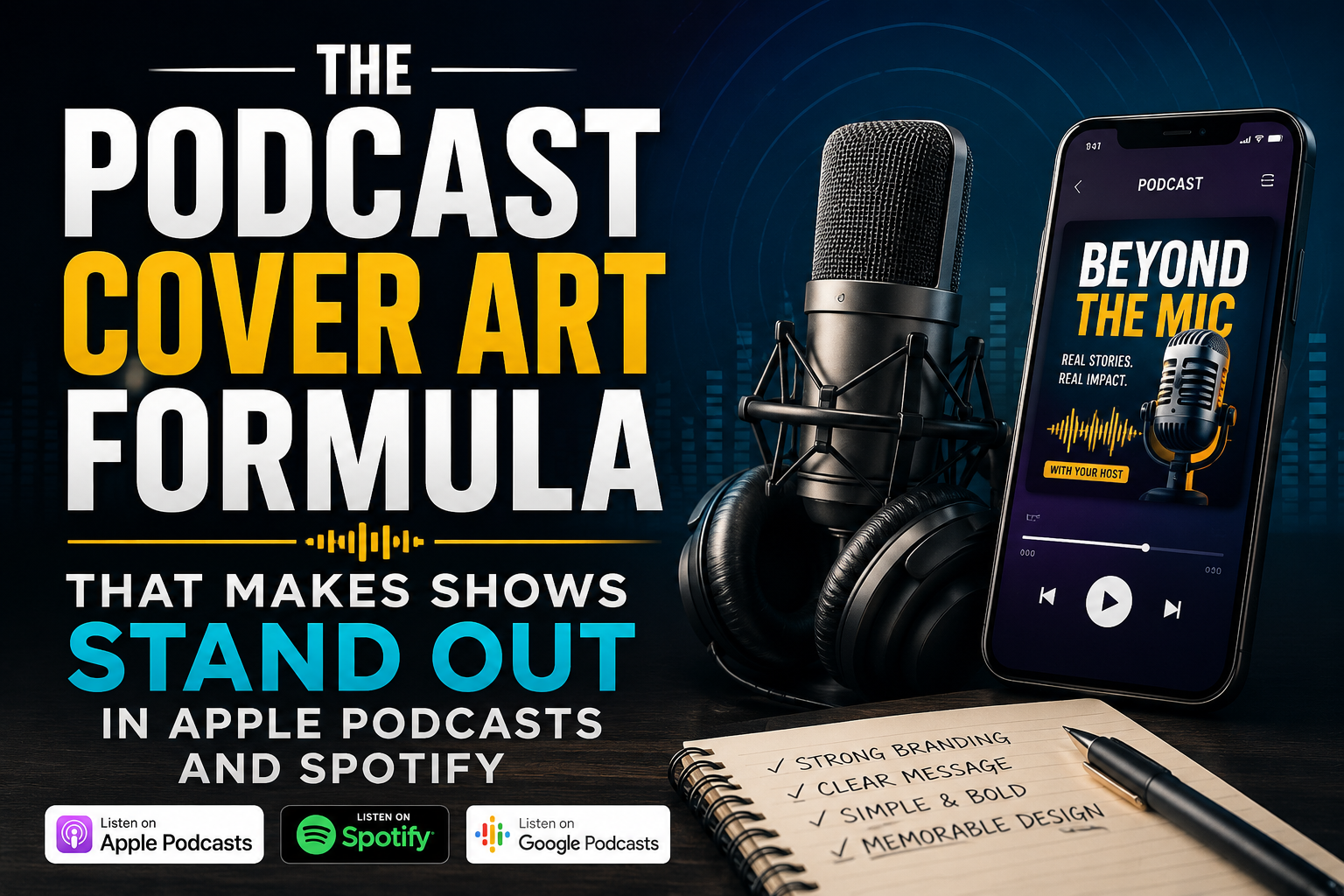 Professional podcast cover art design featuring a studio microphone, headphones, and smartphone with bold branding, illustrating how eye-catching artwork helps podcasts stand out on Apple Podcasts and Spotify.