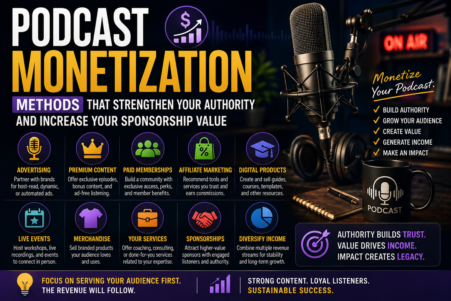 Professional podcast monetization concept featuring a studio microphone, headphones, and business growth visuals representing sponsorships, premium content, memberships, affiliate marketing, and multiple revenue streams for podcast success.
