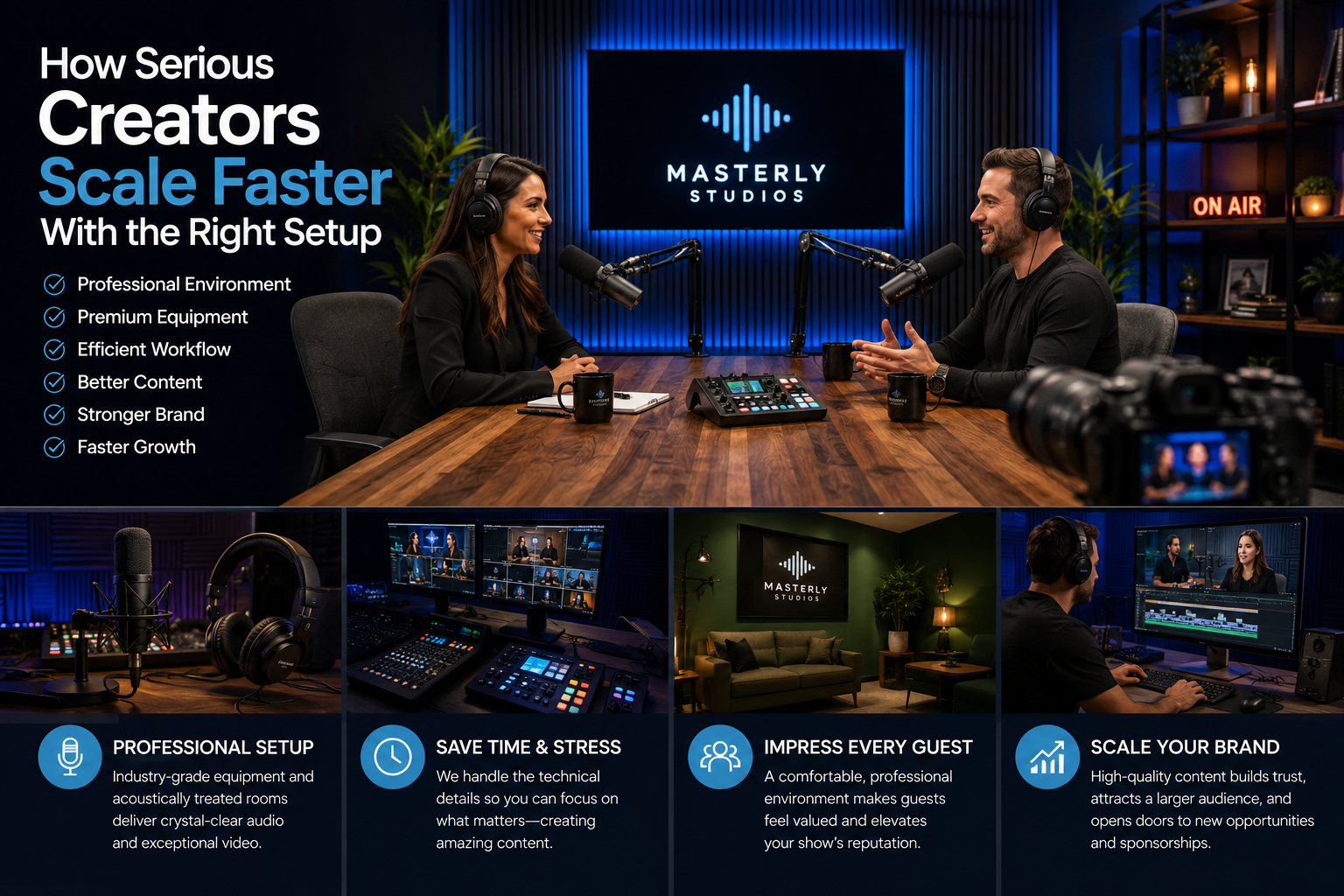 Professional podcast studio with broadcast-quality microphones, cameras, lighting, and recording equipment as two creators record a video podcast, showcasing a modern setup designed for high-quality content creation and audience growth.
