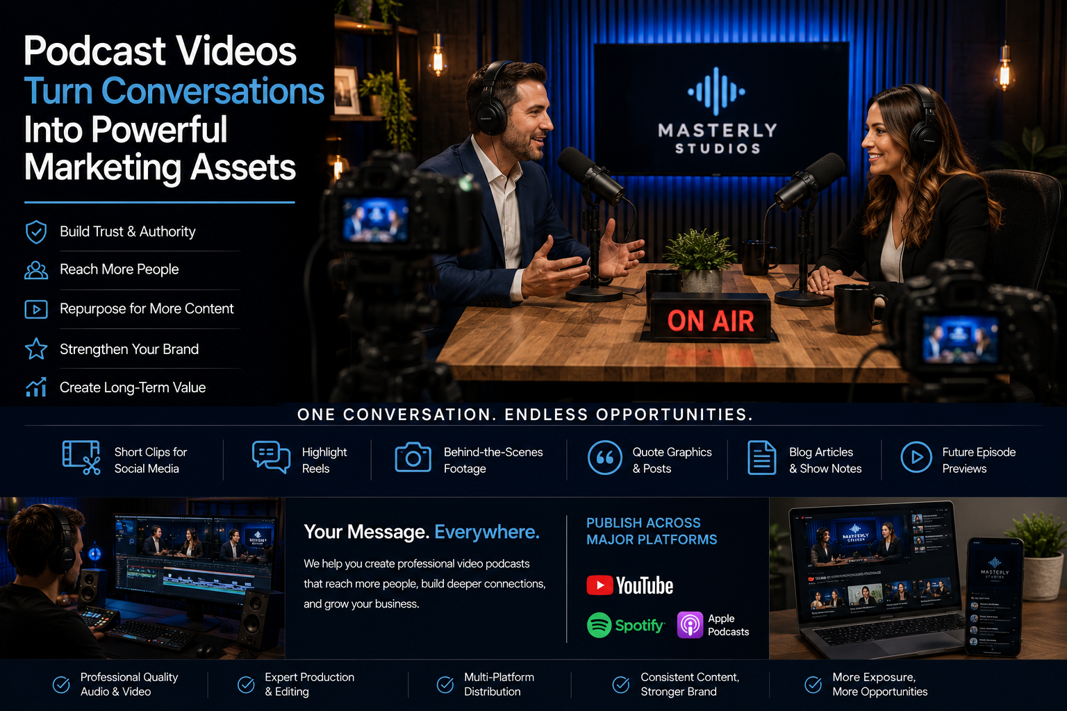 Professional video podcast recording in a modern studio with hosts using broadcast microphones, cameras, and studio lighting, illustrating how podcast videos create engaging marketing content for businesses across multiple platforms.