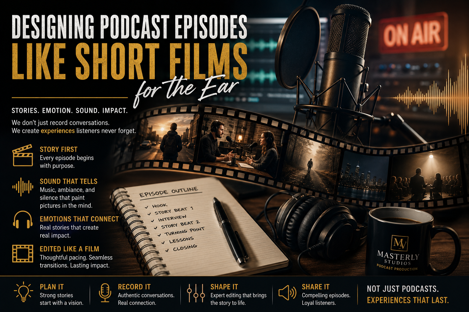 Professional podcast recording studio with a microphone, headphones, and audio editing equipment, illustrating cinematic podcast production, storytelling, and immersive sound design for engaging episodes.
