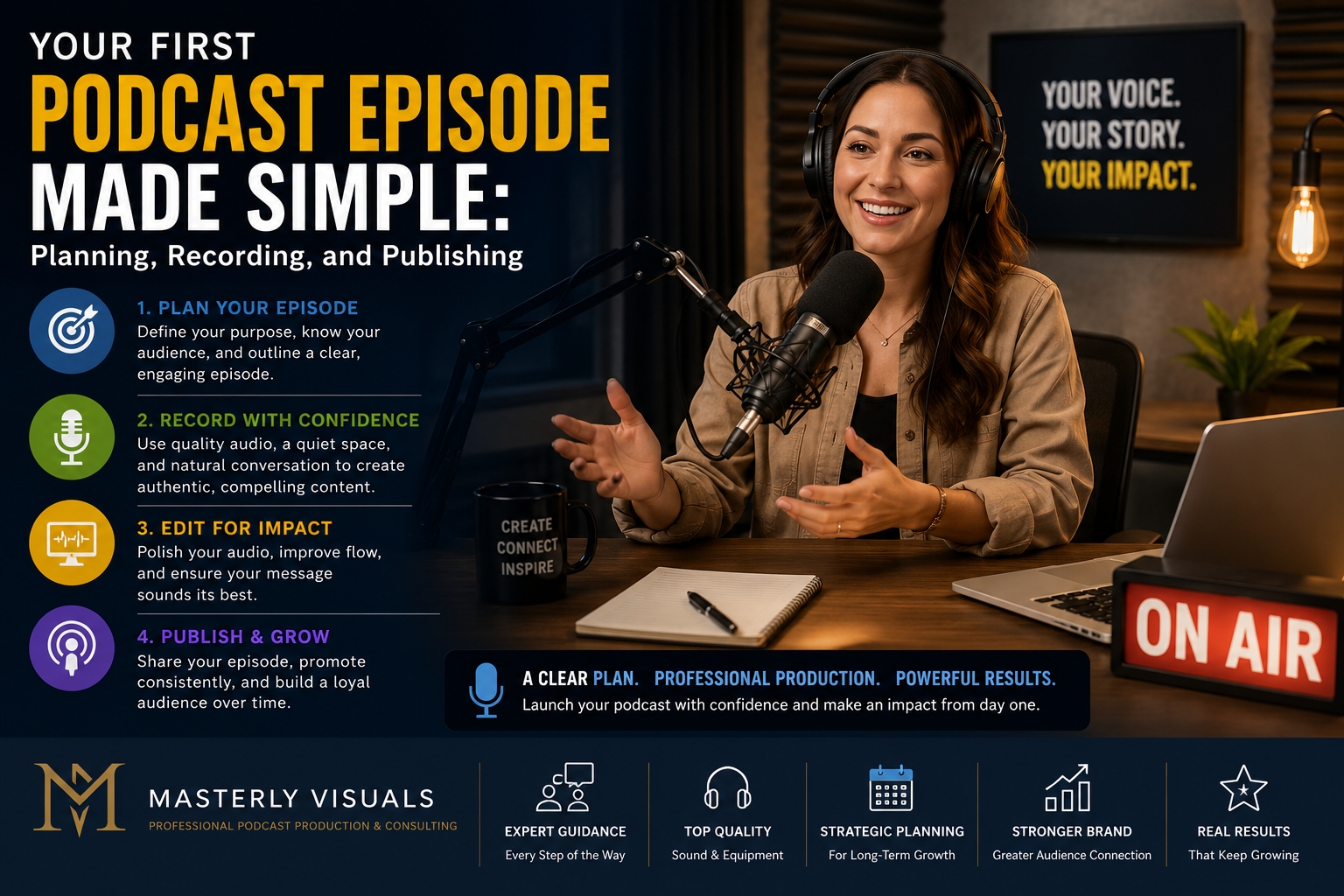 A professional podcast production studio features a smiling podcast host wearing headphones and speaking into a broadcast microphone while recording an episode at a desk with a laptop, notebook, and illuminated