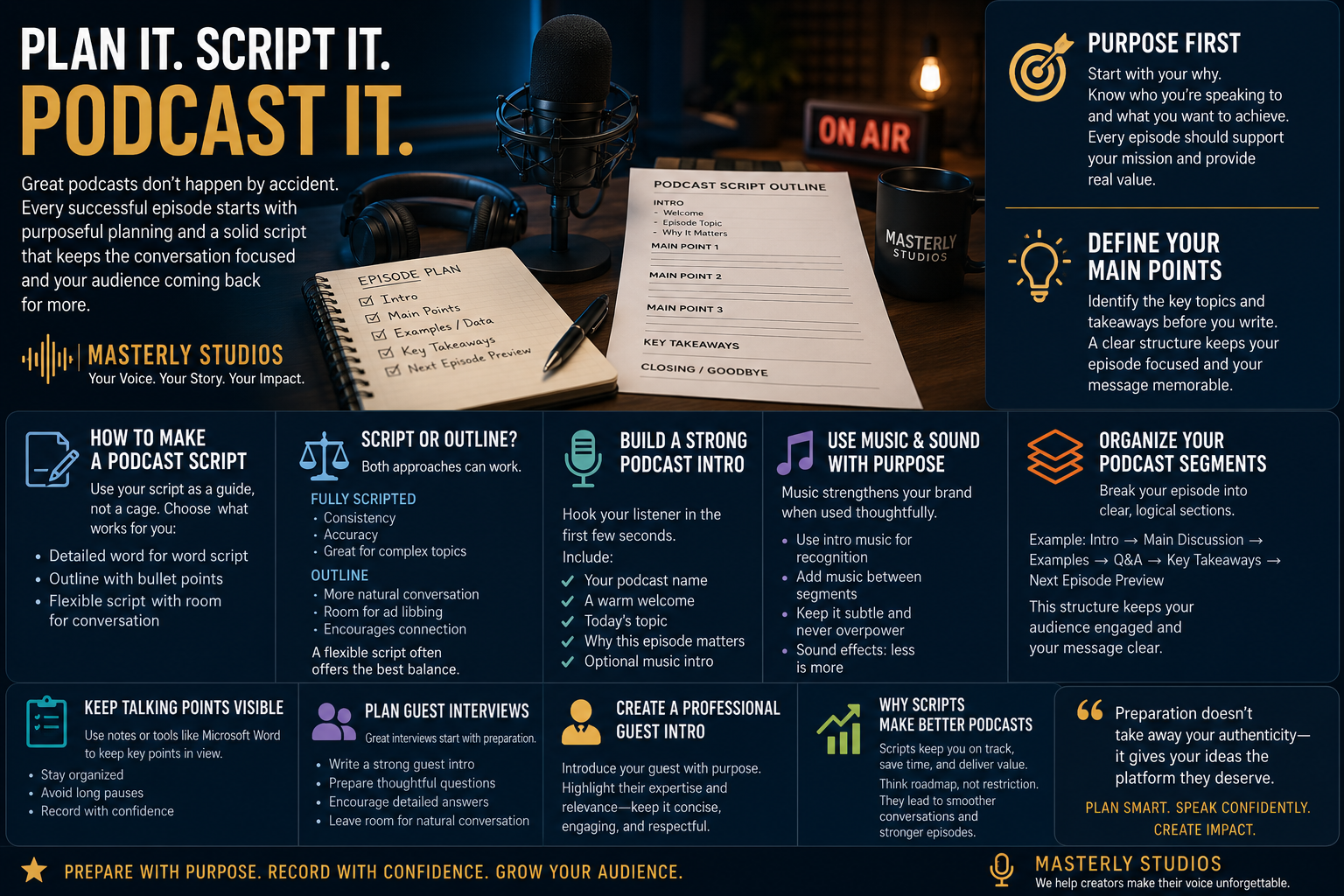 A professionally designed podcast planning infographic featuring a modern recording studio with a microphone, headphones, script outline, and notebook on a desk. Large headline reads, “Plan It. Script It. Podcast It.” The layout highlights key podcast preparation steps, including defining your purpose, organizing main points, writing a podcast script, choosing between a script and an outline, creating a strong intro, using music effectively, organizing episode segments, preparing for guest interviews, and keeping talking points visible. Blue and gold accents, icons, and clean typography reinforce the message that thoughtful planning leads to confident, engaging podcast episodes. Masterly Studios branding appears throughout the design.