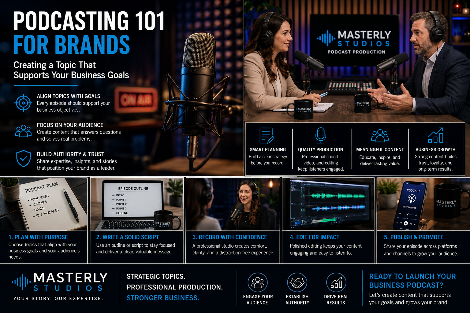 Professional podcast studio with hosts recording a business podcast using broadcast microphones, cameras, and audio equipment, illustrating strategic podcast planning, content creation, script development, and high-quality production for brand growth by Masterly Studios