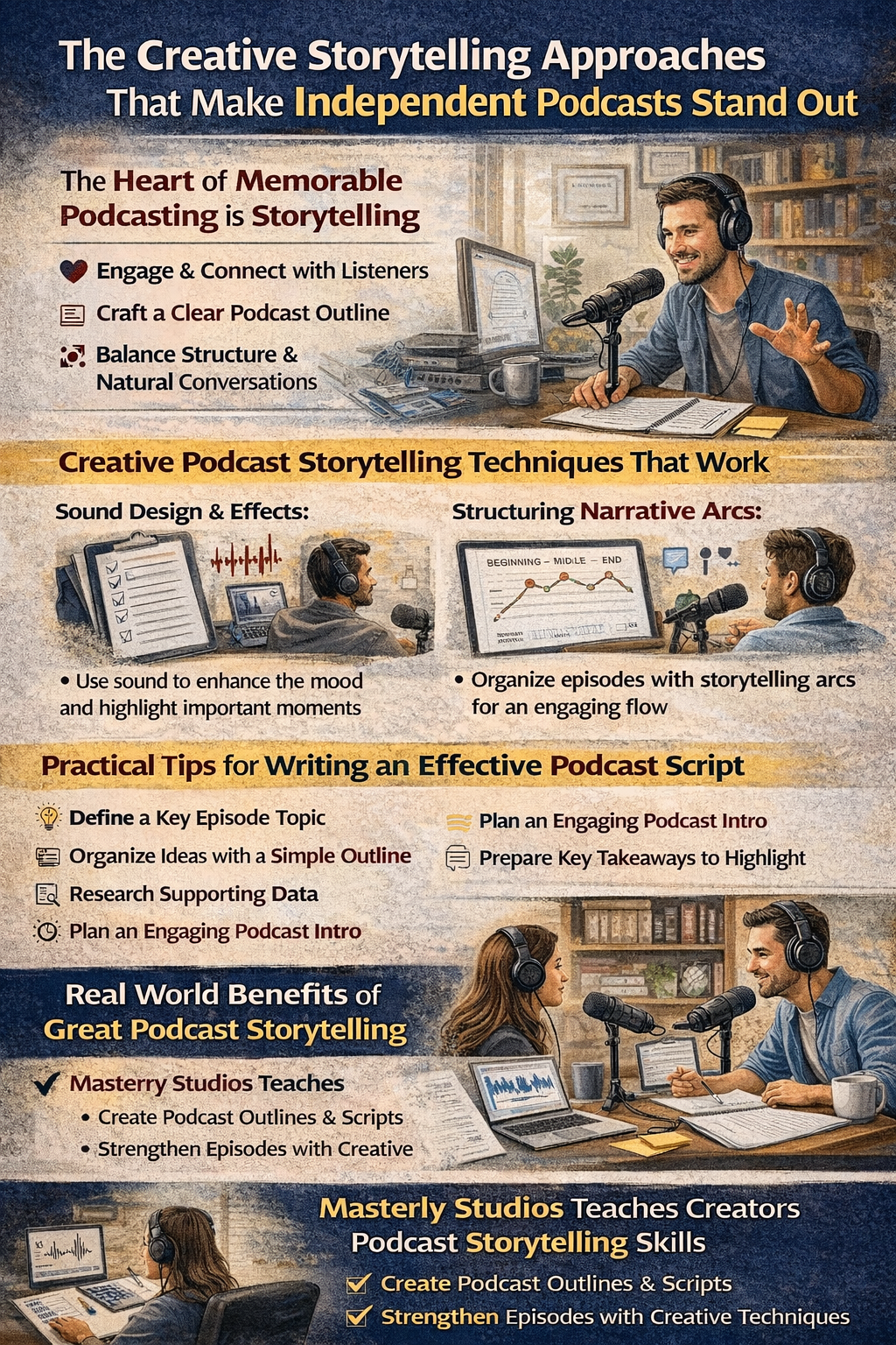 Infographic on storytelling and podcasting tips, with multiple headings, icons, and a desk scene illustration.