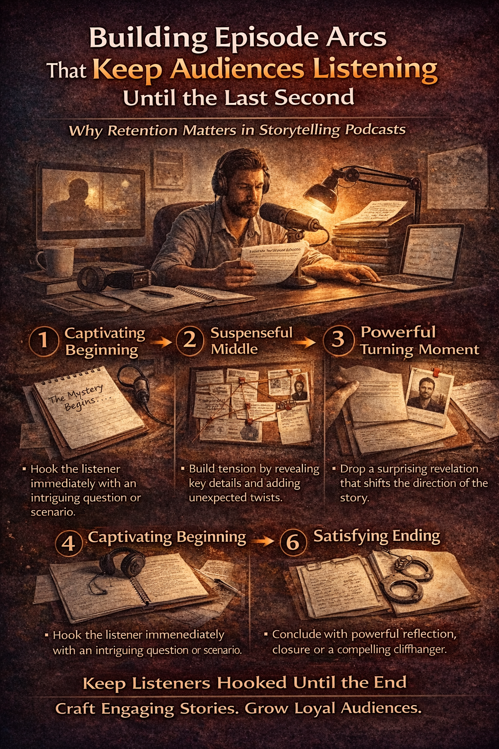 Infographic on building podcast episode arcs, with six numbered steps and a man writing at a desk.