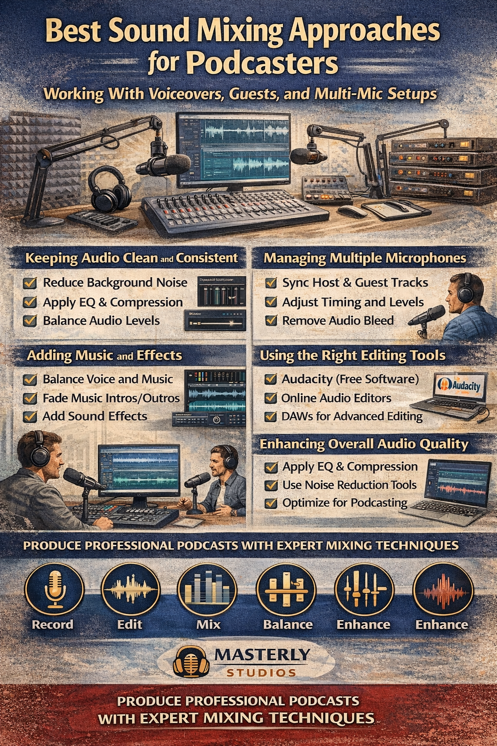 Infographic titled “Best Sound Mixing Approaches for Podcasters” with tips, icons, and a studio microphone layout