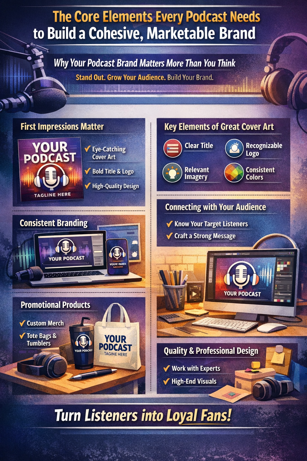 Infographic on podcast branding with blue and orange panels, microphones, laptop, and tips for a cohesive brand