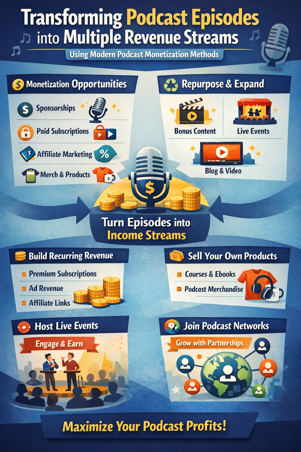 Infographic on transforming podcast episodes into revenue streams, with icons and blue/orange design.