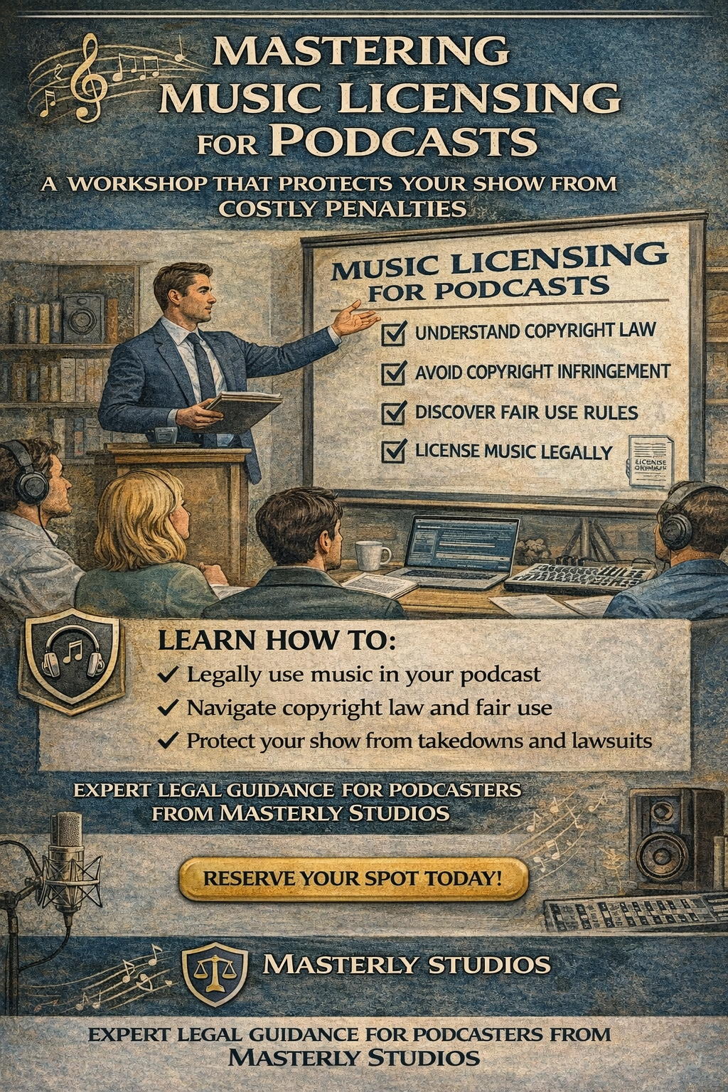 Vintage poster for mastering music licensing for podcasts, with host at desk and checklist on a blue-gold background