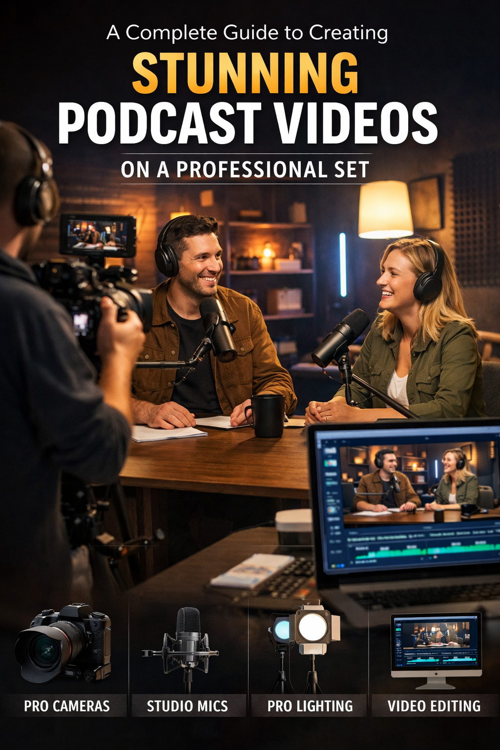 Podcast studio poster with three hosts, camera, and monitors promoting professional podcast video production