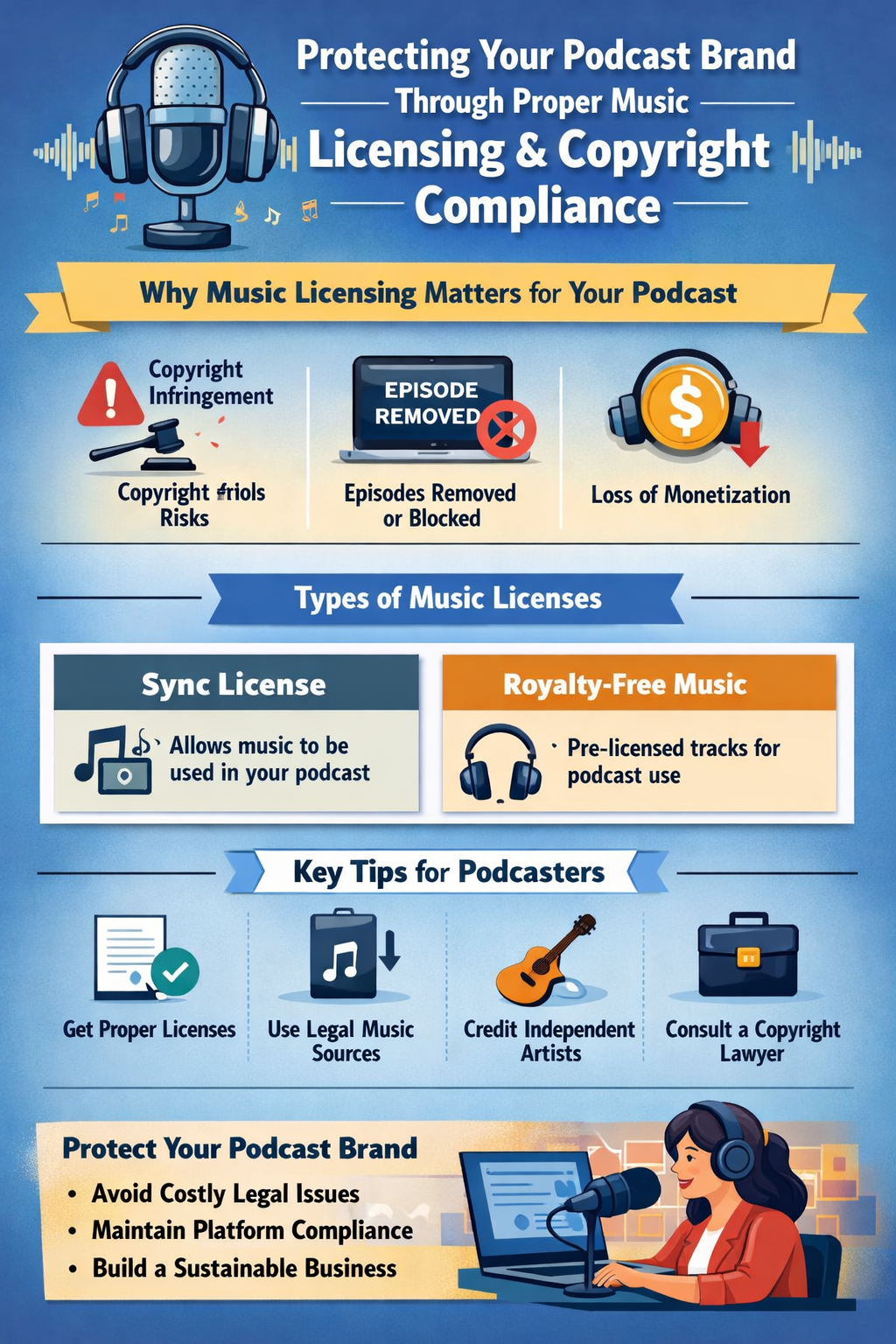Infographic on podcast licensing and copyright compliance with blue and orange icons and safety tips