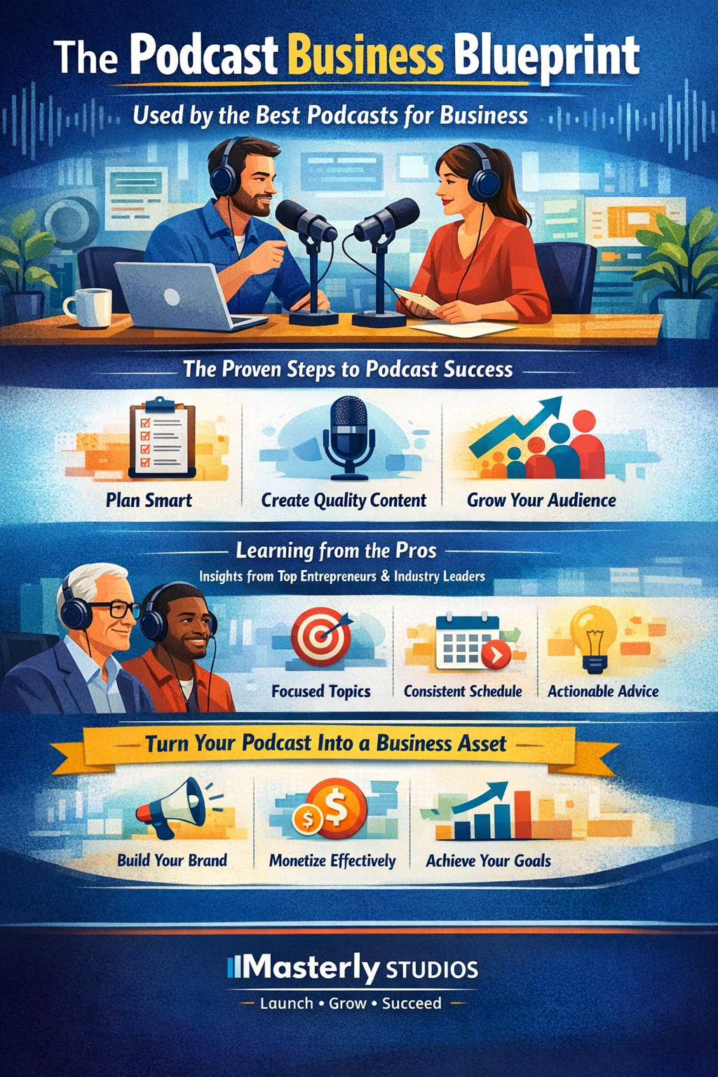 Podcast business blueprint infographic with blue background, microphones, charts, and steps for podcast growth and revenue.