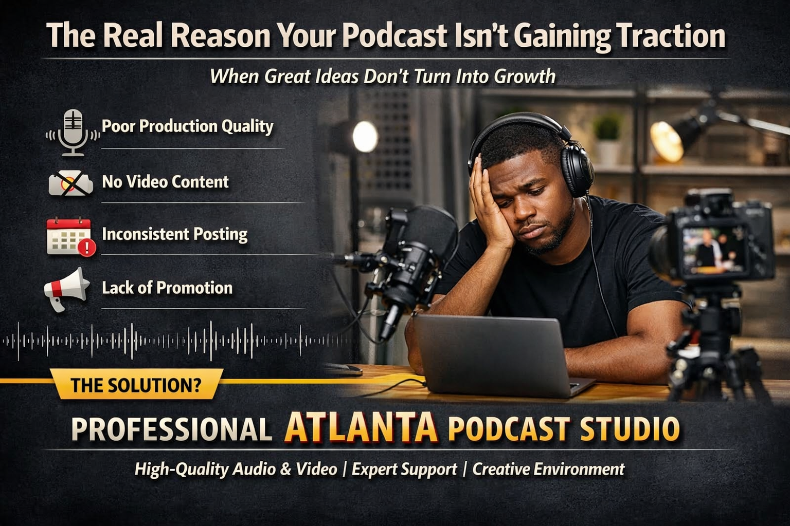 Podcast studio ad with man at laptop, microphone, and camera; text about growing a podcast in Atlanta