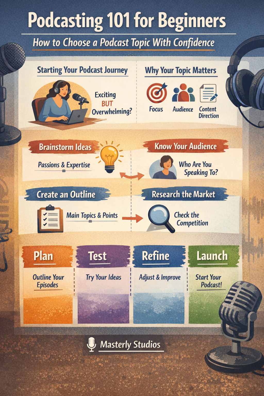 Podcasting 101 infographic showing steps from planning to launch, with icons and a microphone on a wood background