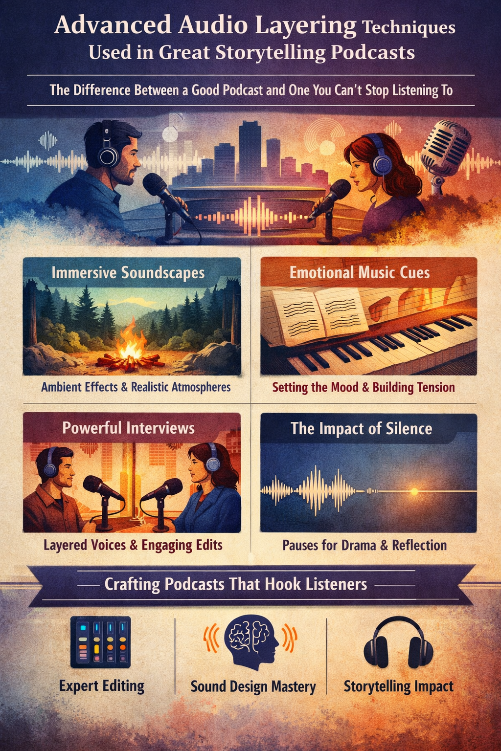 Infographic on advanced audio layering in storytelling, with colorful panels and icons on podcast techniques.