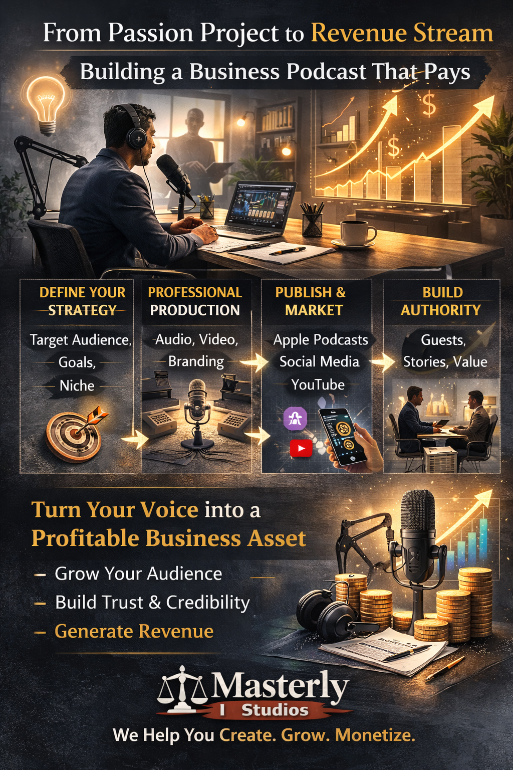 Podcast marketing infographic with host at laptop, gold coins, charts, and revenue growth messaging