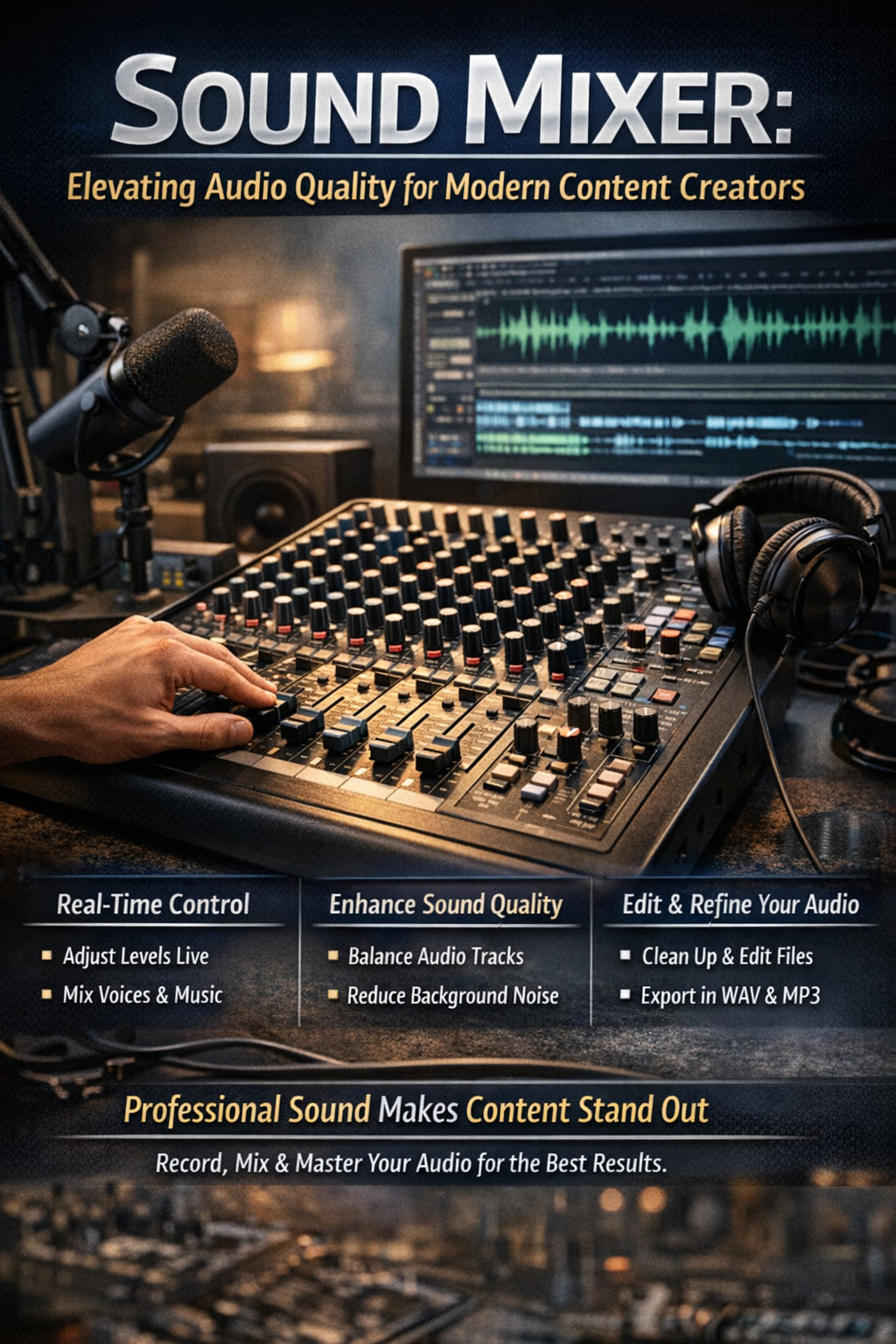 Podcast sound mixer in a studio with microphone, headphones, and audio editing screen.