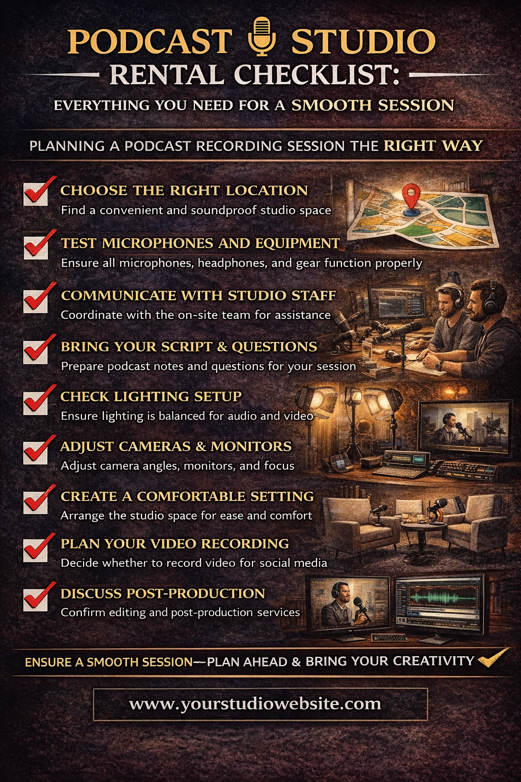 Podcast studio rental checklist poster with gold text and dark background.