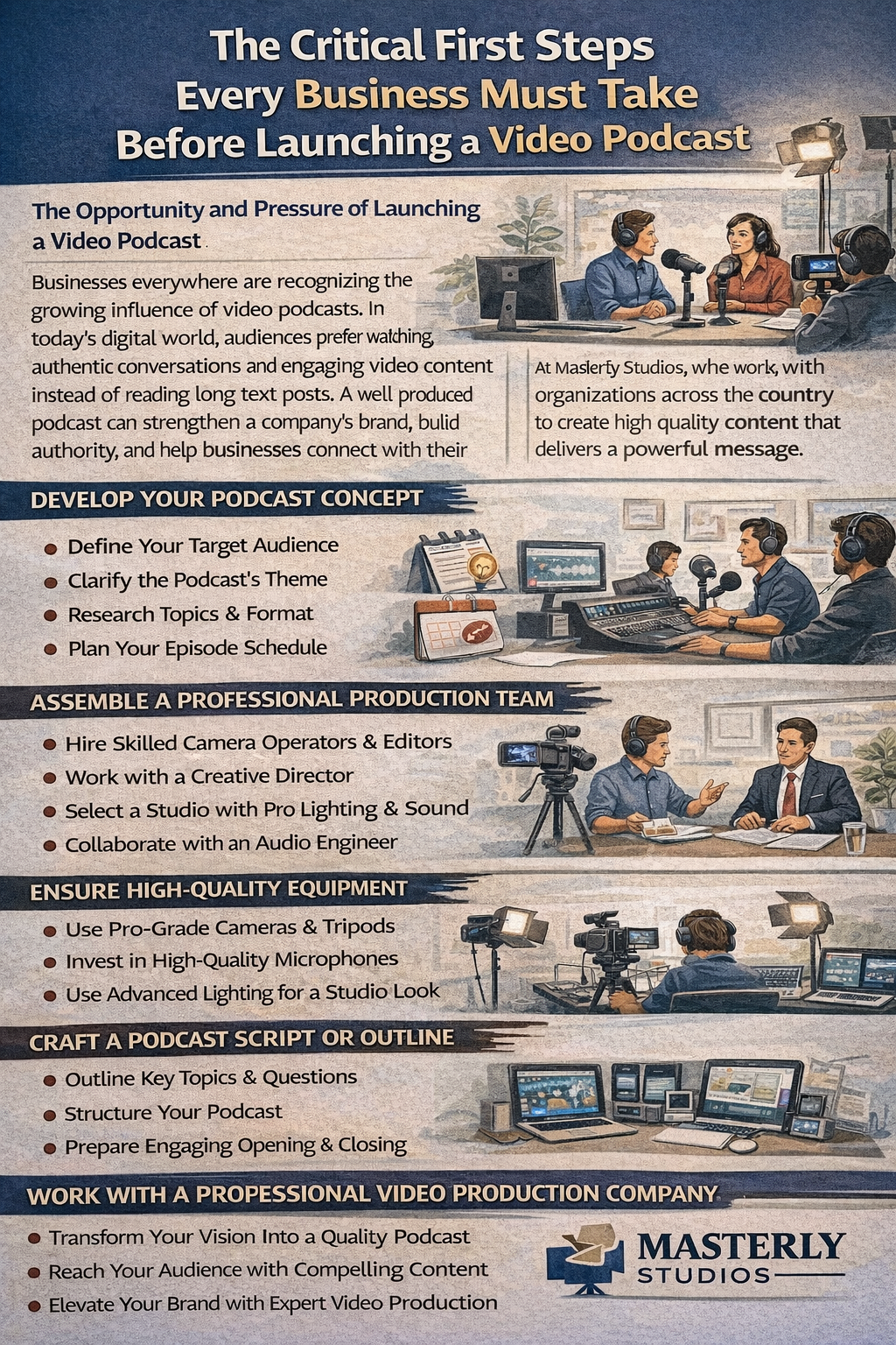 Infographic on launching a video podcast, showing 5 steps with captions and people recording in a studio.