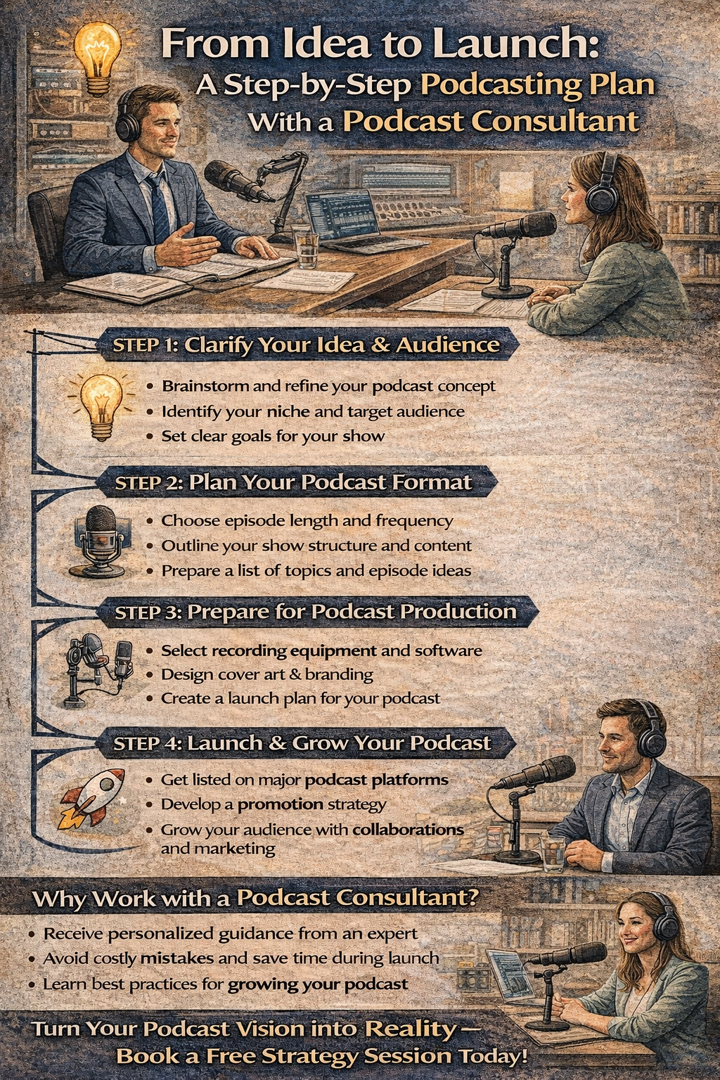 Podcast launch guide in warm beige design with laptop, microphones, and step-by-step tips on podcast production