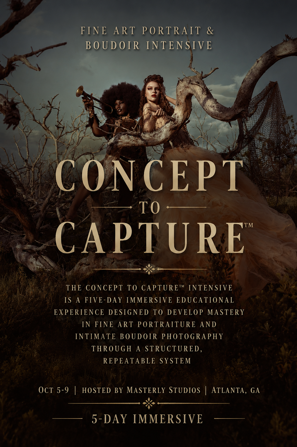 Dark fantasy poster with a skeletal figure and title “Concept to Capture” on a smoky brown background