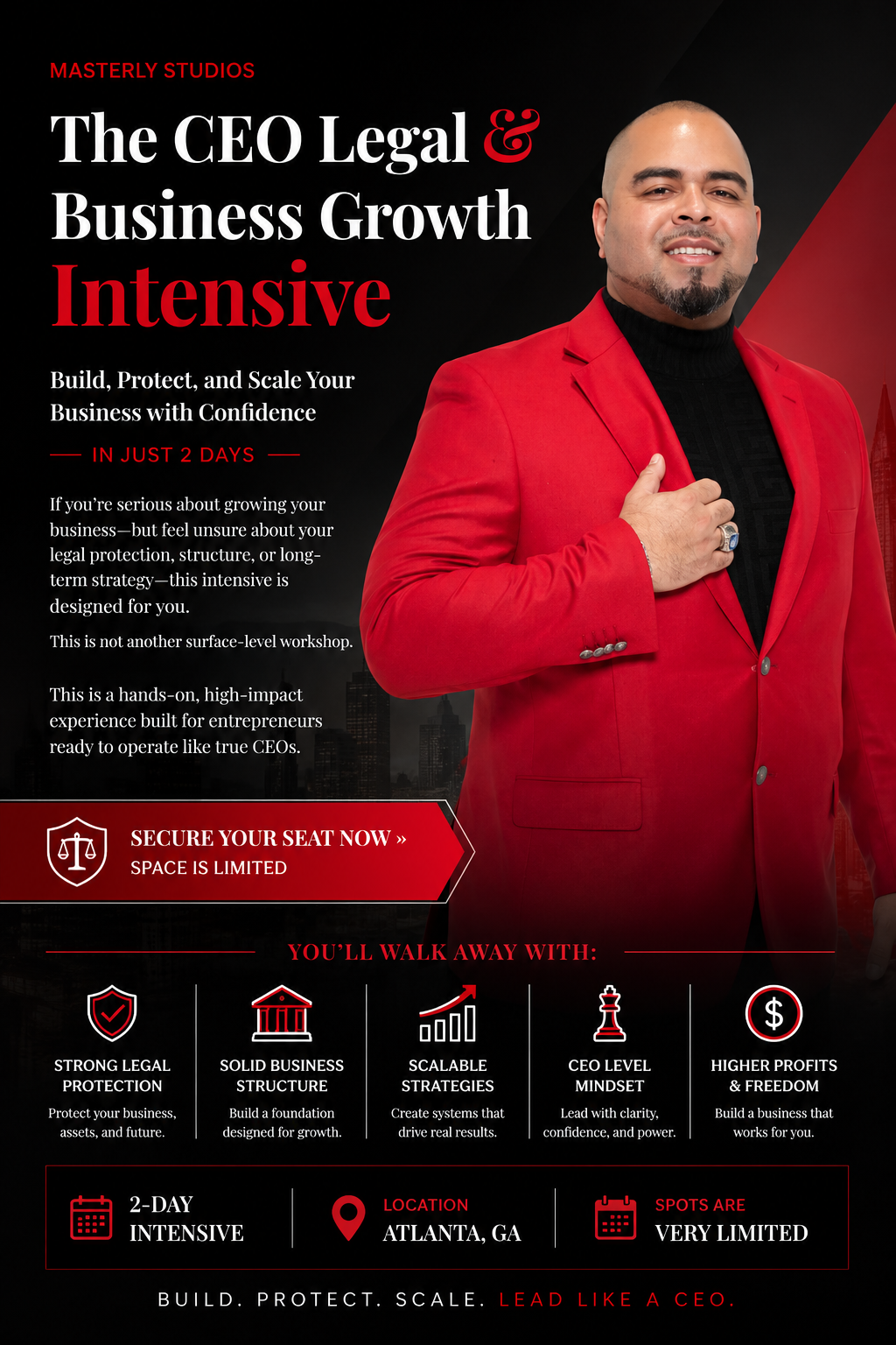 The CEO Legal & Business Growth Intensive poster with a man in a red suit on a black background
