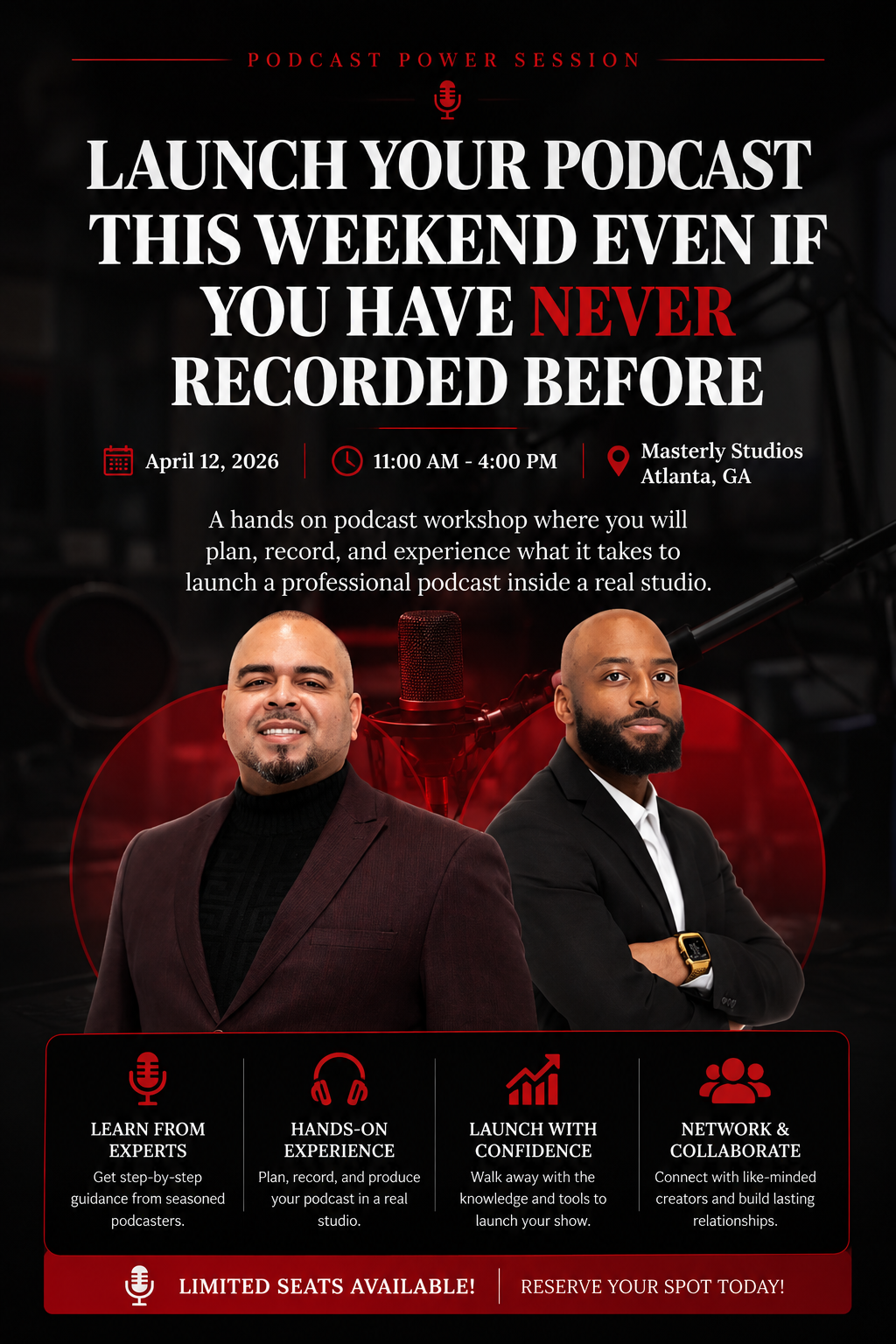 Podcast launch promo with two men in dark suits against a black-and-red background, bold text announcing it.