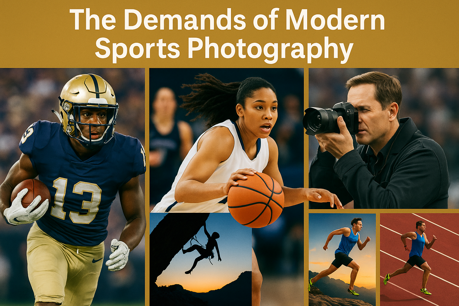 Collage of sports photography: football player, basketball player, and cameraman with action shots and title text