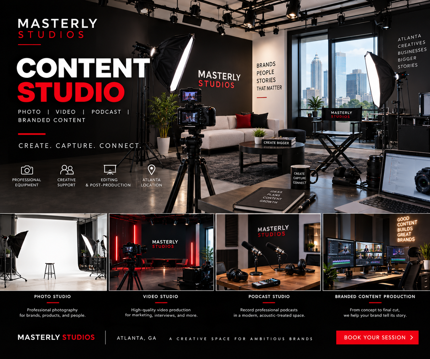 Professional content studio at Masterly Studios for photo, video, podcast, and branded content production in Atlanta