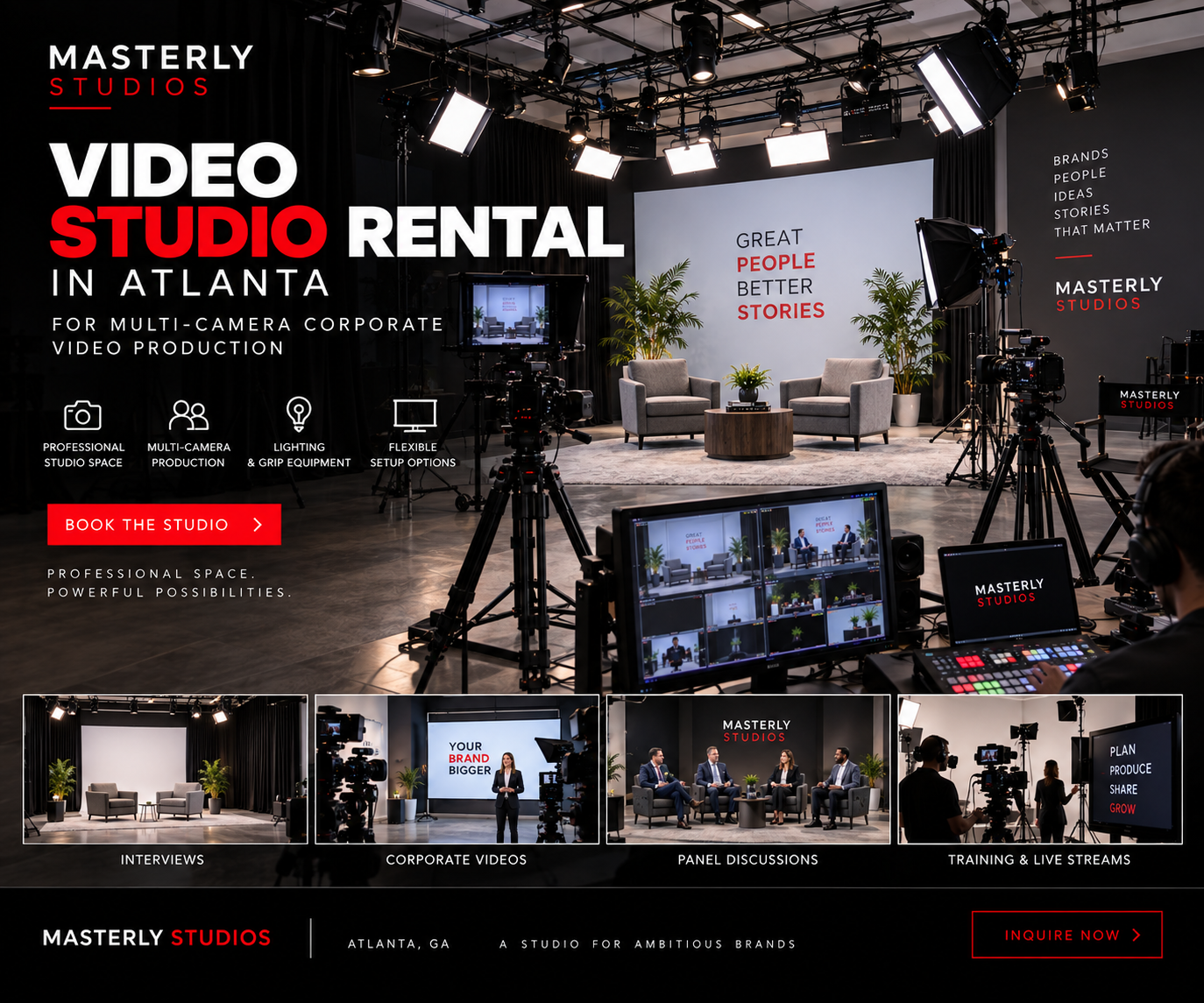 Professional video studio rental in Atlanta at Masterly Studios for multi-camera corporate video production