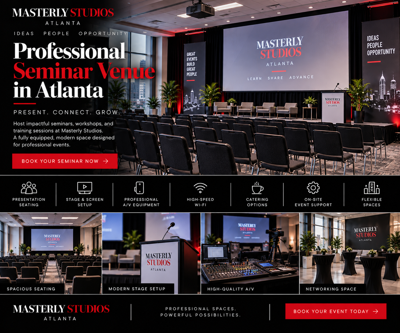 Professional seminar venue at Masterly Studios with presentation seating, stage, screen, and A/V setup