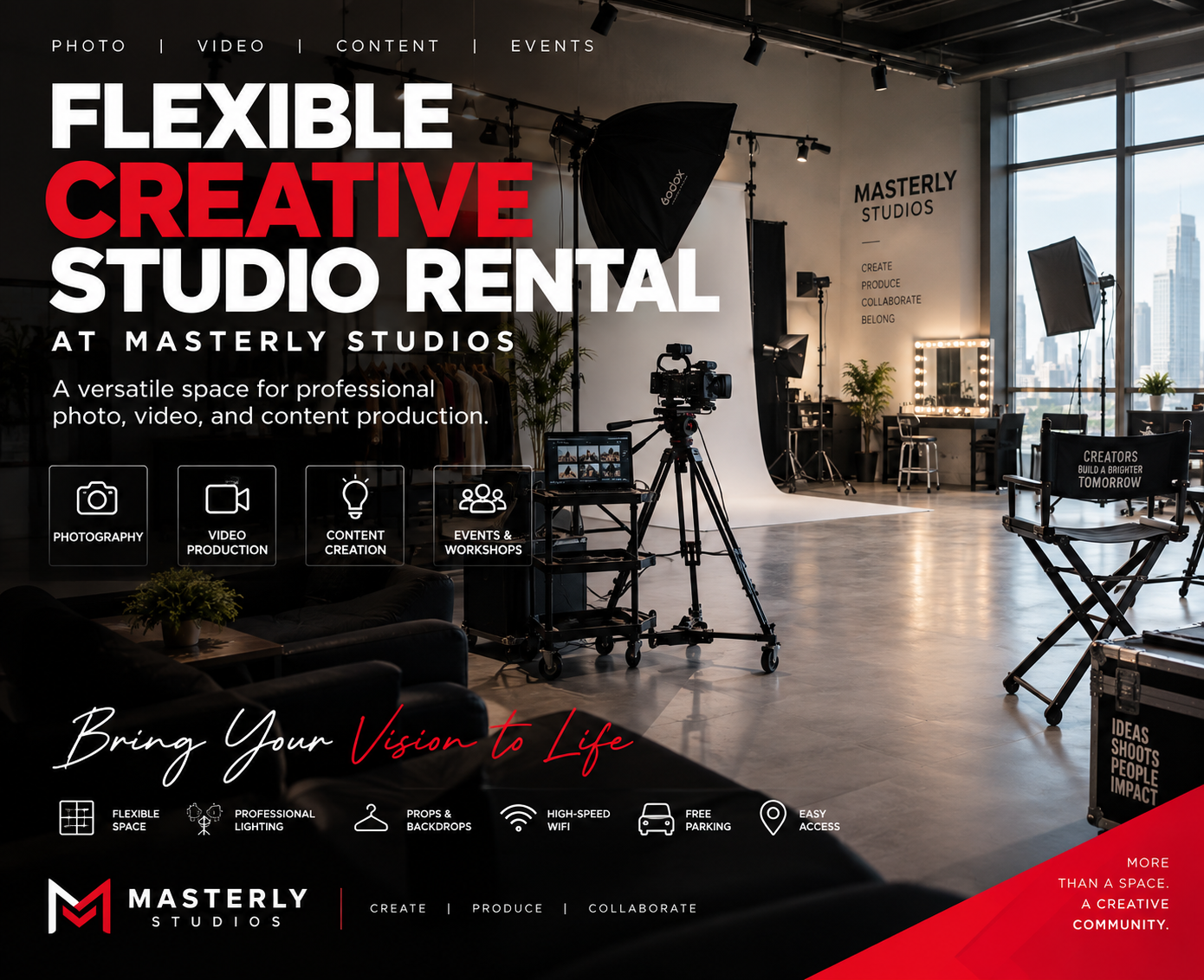 Flexible creative studio rental at Masterly Studios for professional photo, video, and content production