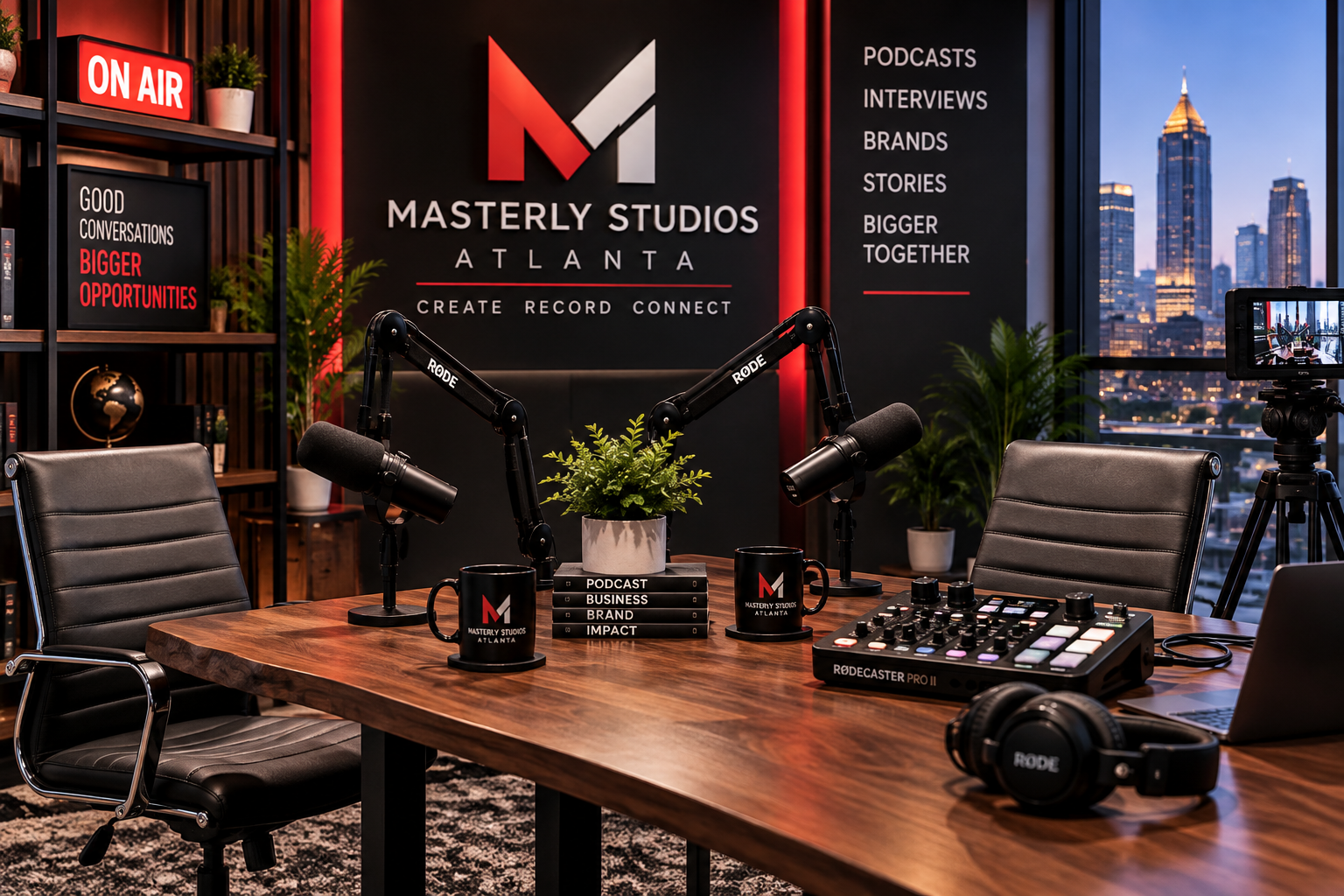 Podcast interview setup at Masterly Studios Atlanta
