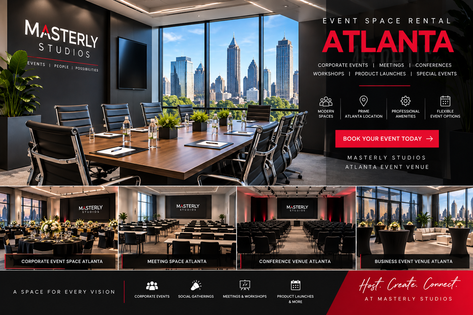 Professional event space rental in Atlanta for business meetings and corporate events at Masterly Studios