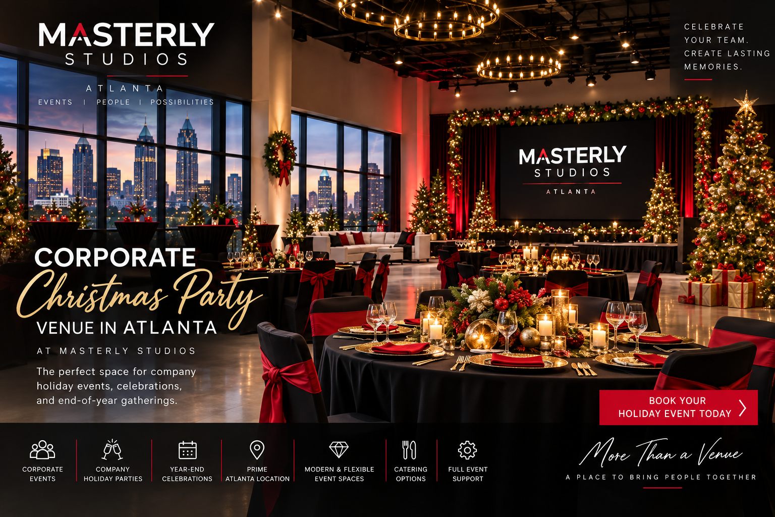 Corporate Christmas party venue in Atlanta at Masterly Studios for company holiday events