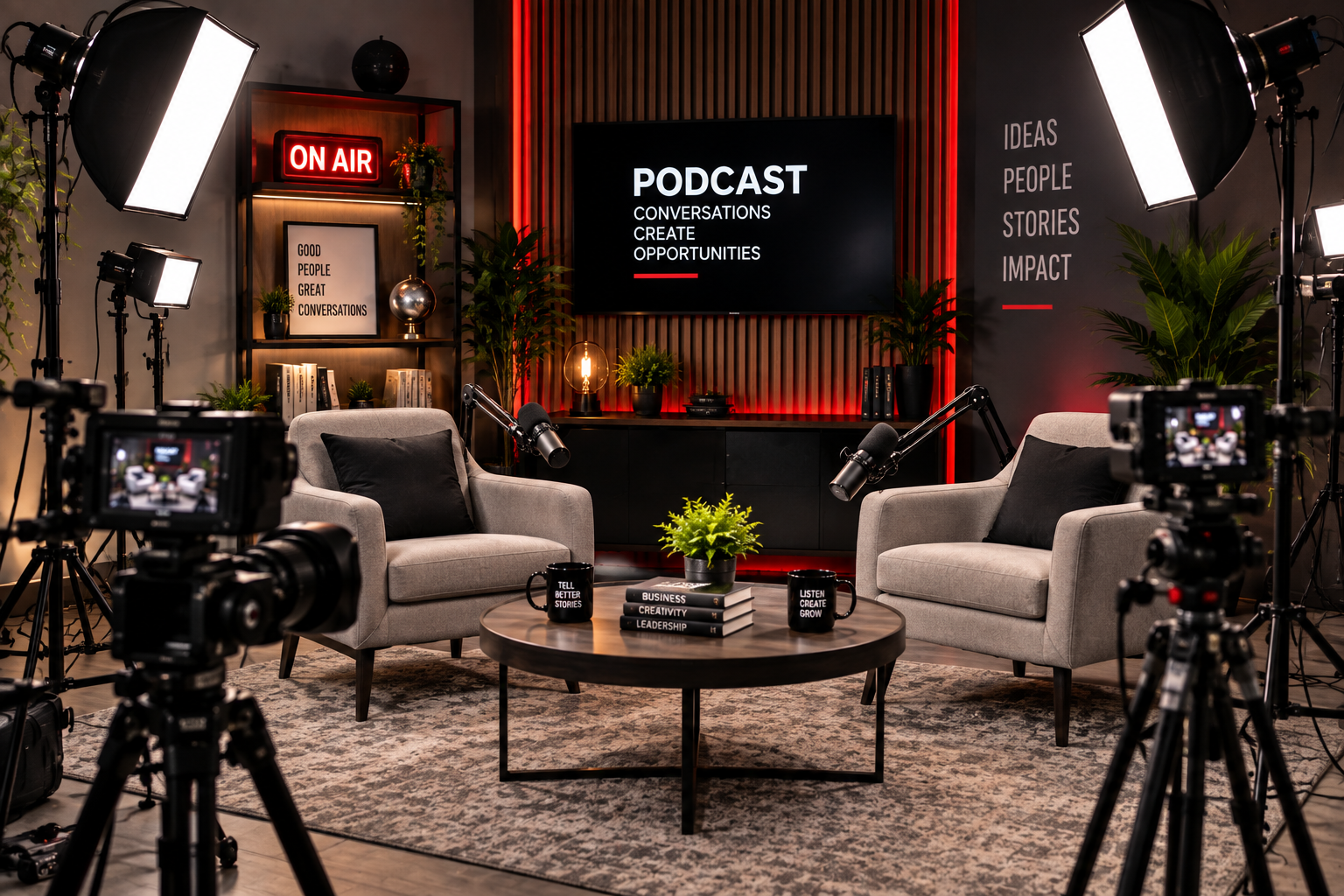 Professional podcast lighting setup with studio lights, cameras, and interview seating