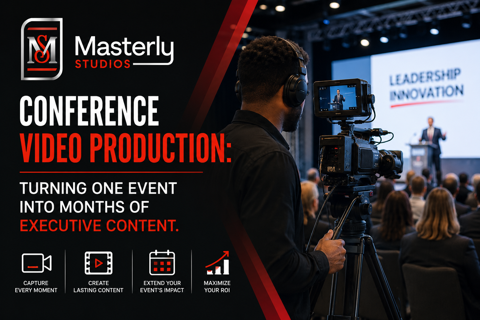 Conference video production team recording a keynote speaker.
