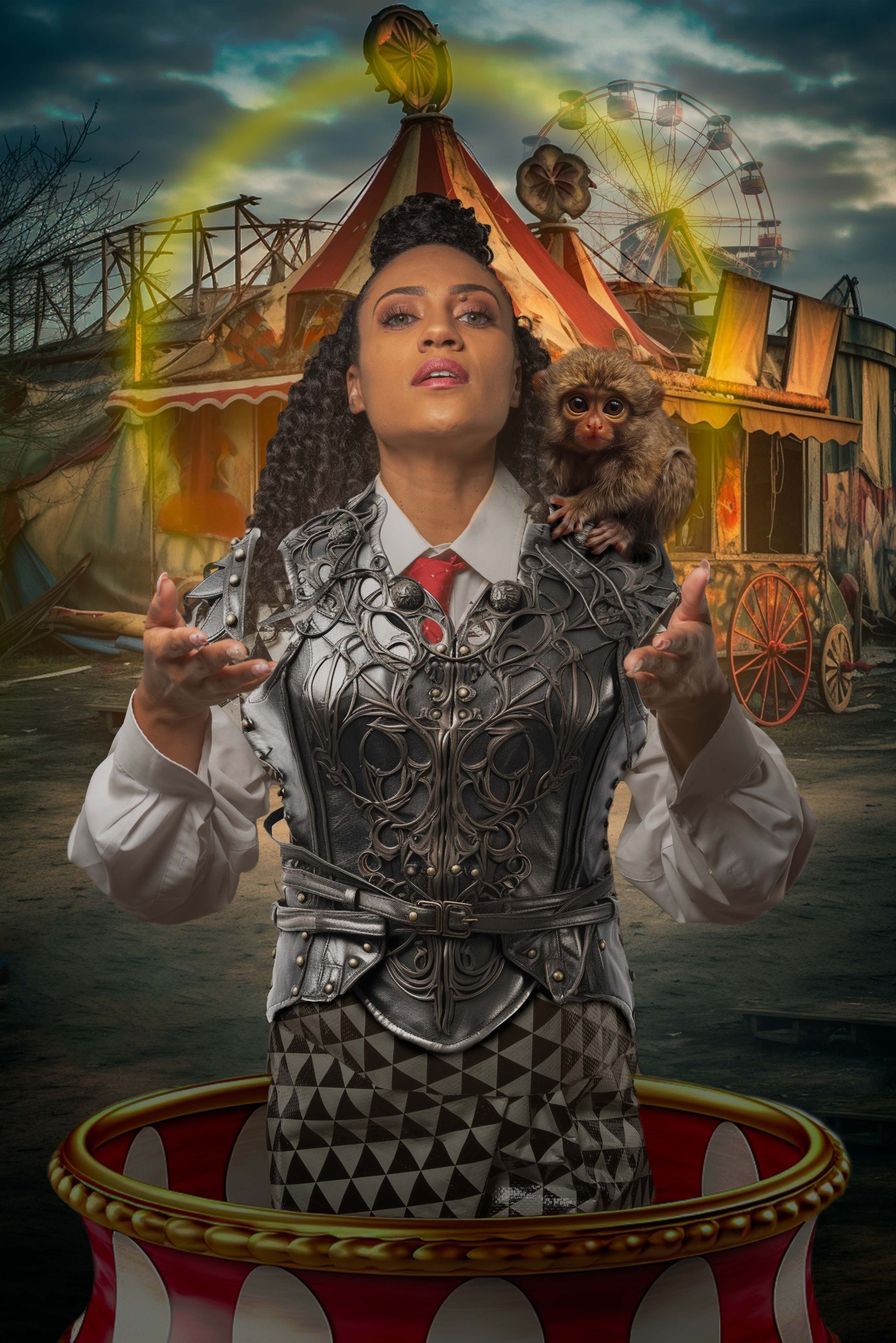 Person in patterned vest and red tie stands in a circus hoop, with a lion and ferris wheel behind.